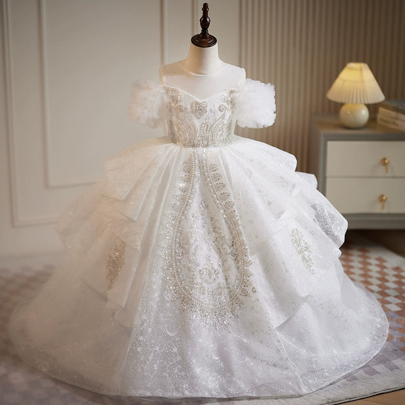 White Princess Round Floor Length Organza Flower Girl Dress - Perfect for Weddings, Baptisms & Special Occasions
