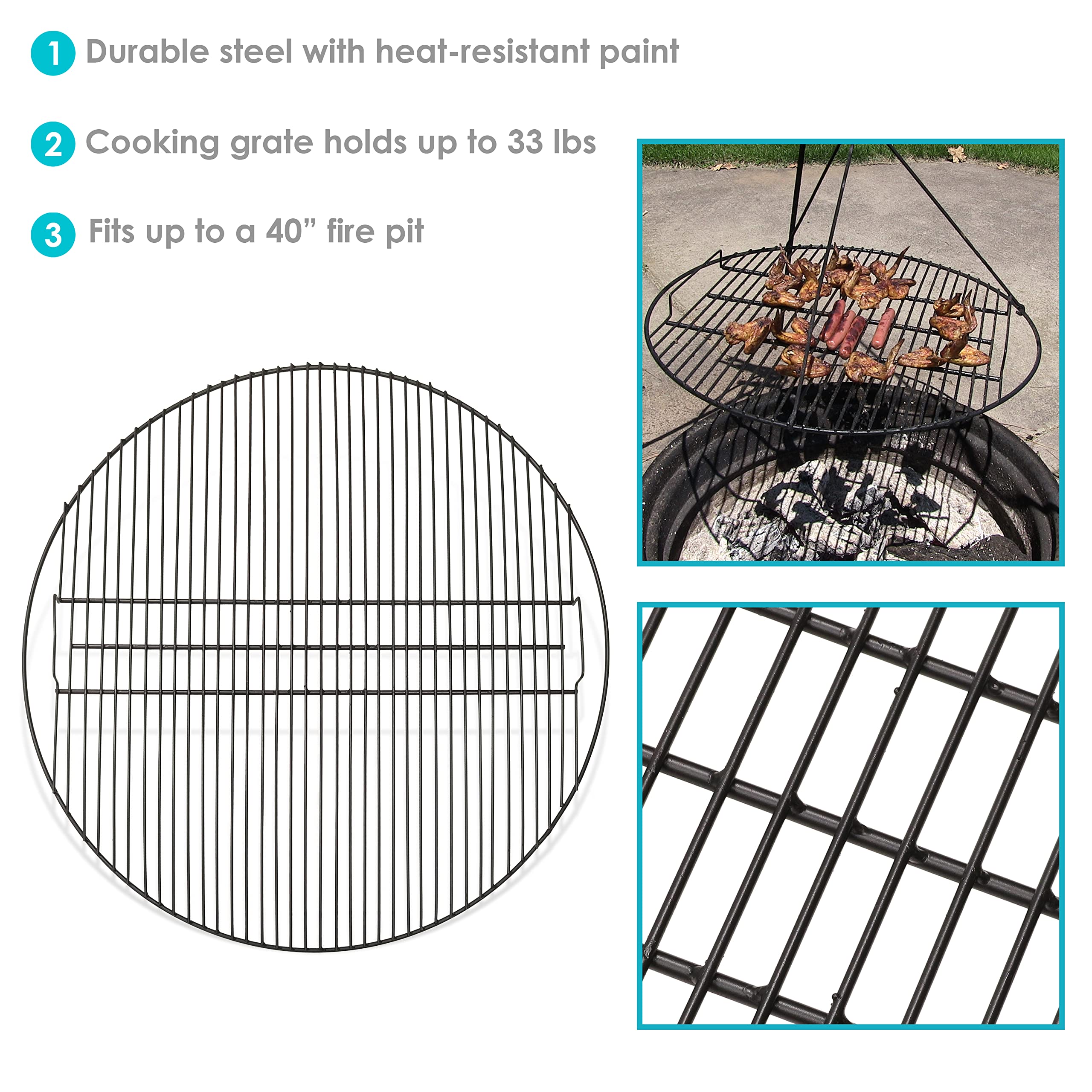 Heavy-Duty 40-Inch Black Steel Round Outdoor Fire Pit Cooking Grate - Durable Grilling Rack for Camping, Backyard BBQs & Patio Parties