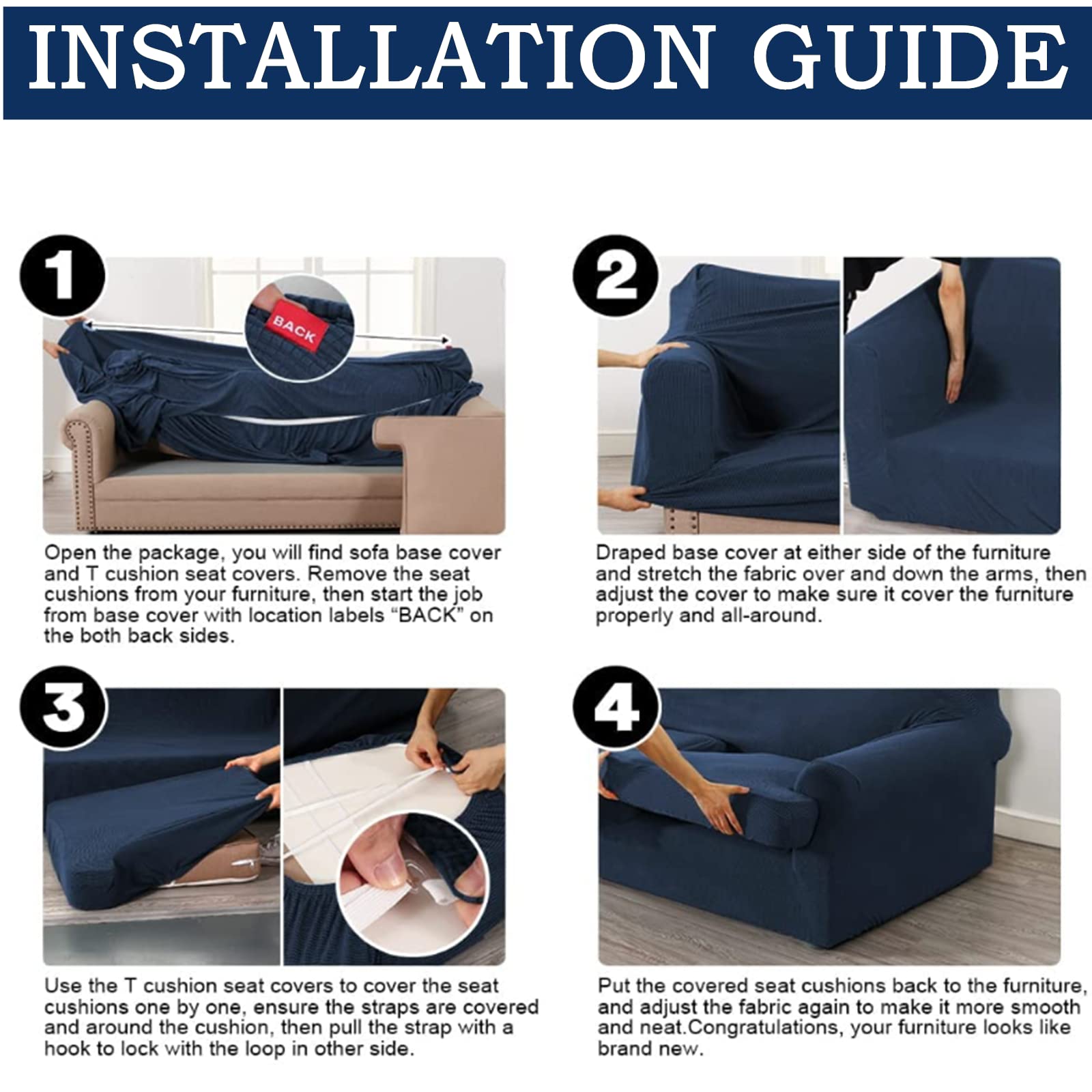 2-Piece T-Cushion Sofa Slipcovers - Thick Stretchable Couch Cover Furniture Protector for 1-Cushion Sofa with Washable T-Cushion Covers - Navy Blue (Fits Chair & Loveseat) - Perfect for Living Room, Office & Home Decor Protection