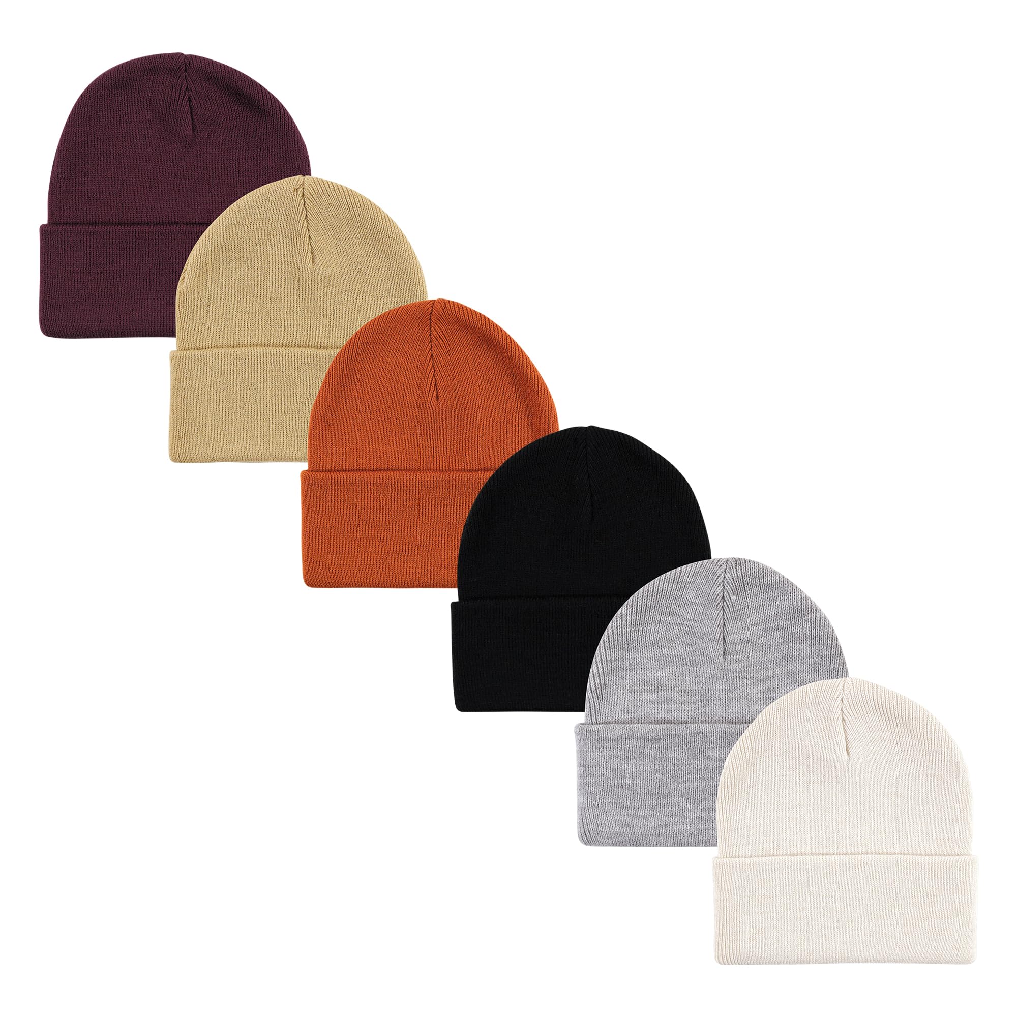 Hudson Baby Unisex 6-Piece Knit Cuffed Beanie Set for Infants & Toddlers - Rust, Cream, Black | Soft Winter Hats for Boys & Girls | Perfect for Cold Weather & Outdoor Activities