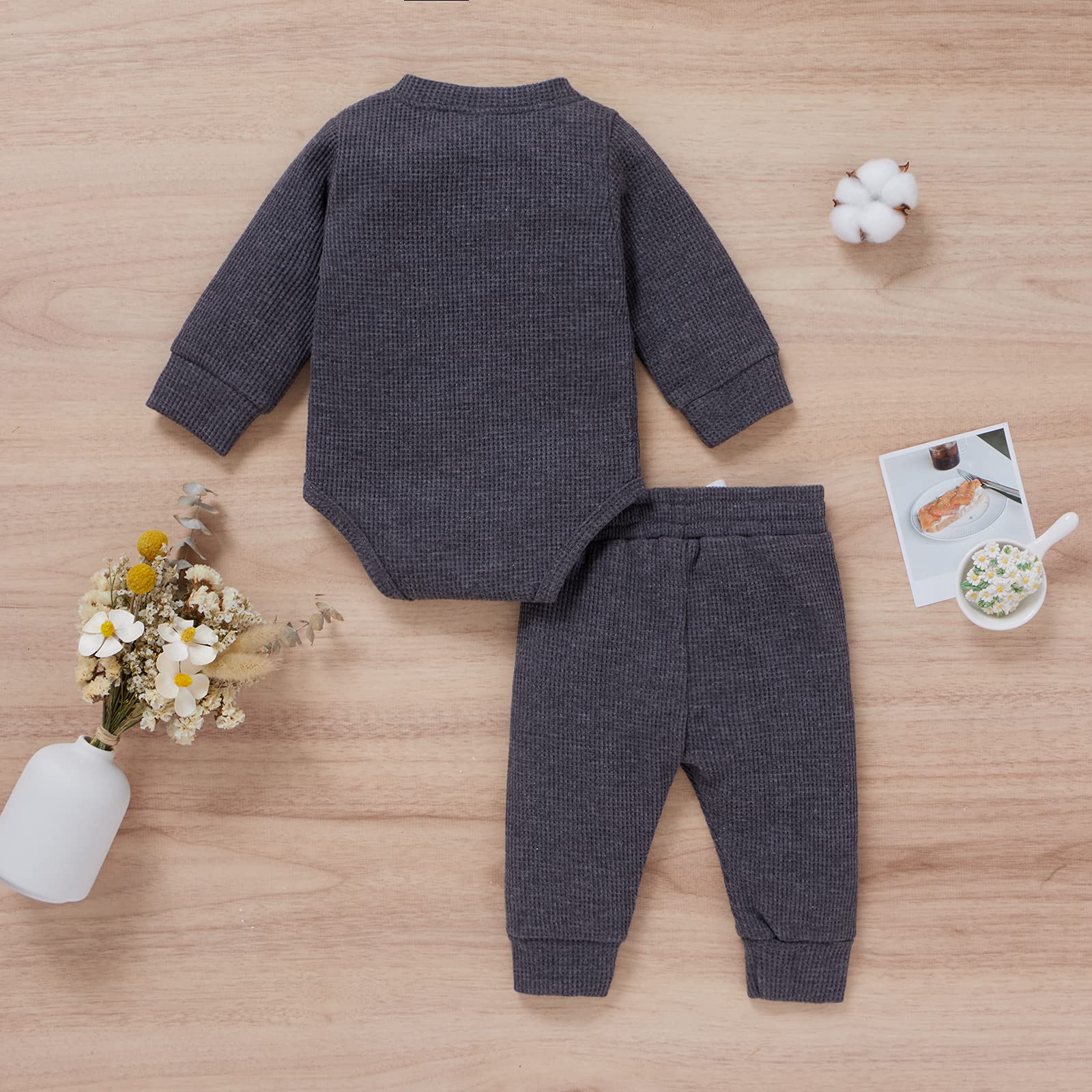 Fall Winter Newborn Baby Clothes Set - Unisex Infant Waffle Knit Outfit with Long Sleeve Top & Pants - Soft & Warm for Boys & Girls - Perfect for Family Outings & Photo Shoots