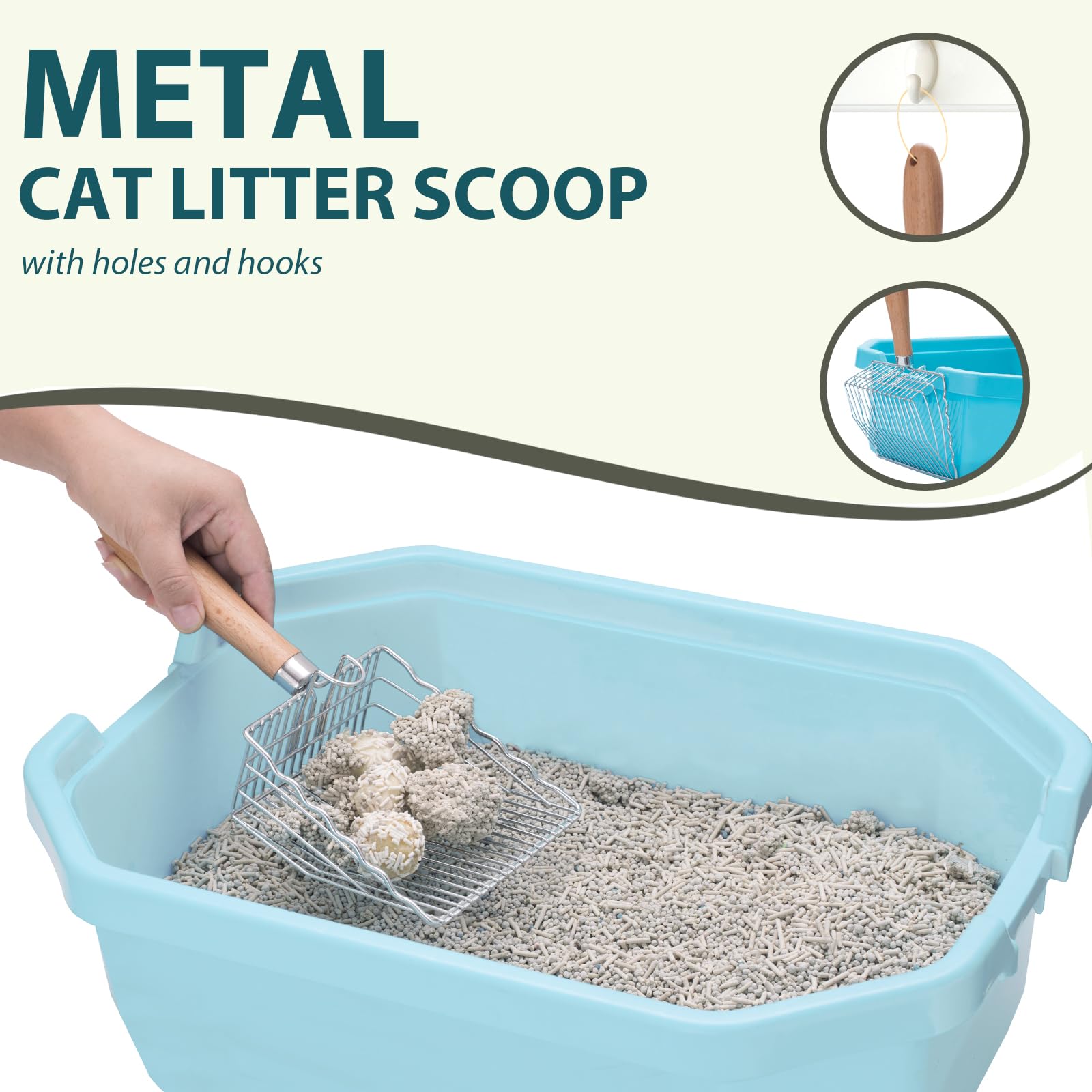 Premium Stainless Steel Cat Litter Scoop with Hook & Drain Holes - Heavy Duty Non-Stick Kitty Poop Scooper for Easy Cleaning | Ideal for Litter Box Maintenance & Multi-Cat Households