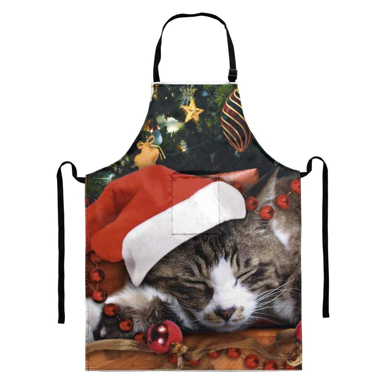 Doginthehole Adjustable Kitchen Apron with Pocket - Christmas Cooking Apron for Adults, Chef & BBQ Restaurant Bib with Cute Cat Pattern - Perfect for Holiday Baking, Grilling & Home Cooking