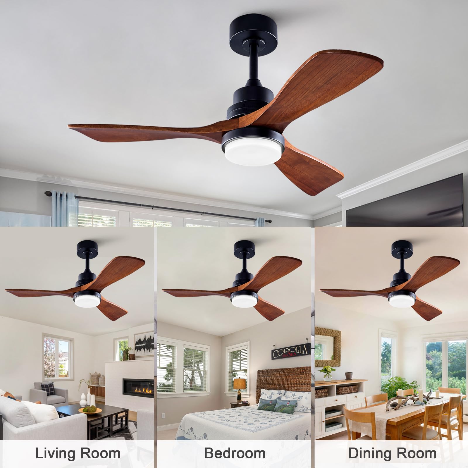 BOOMJOY 42 Inch Ceiling Fan with Light Kit and Remote Control - Dimmable LED, Ultra Quiet Reversible DC Motor, 3 Wood Blades - Indoor/Outdoor Ceiling Fan for Living Room, Bedroom, Study, Office, Patio, Porch