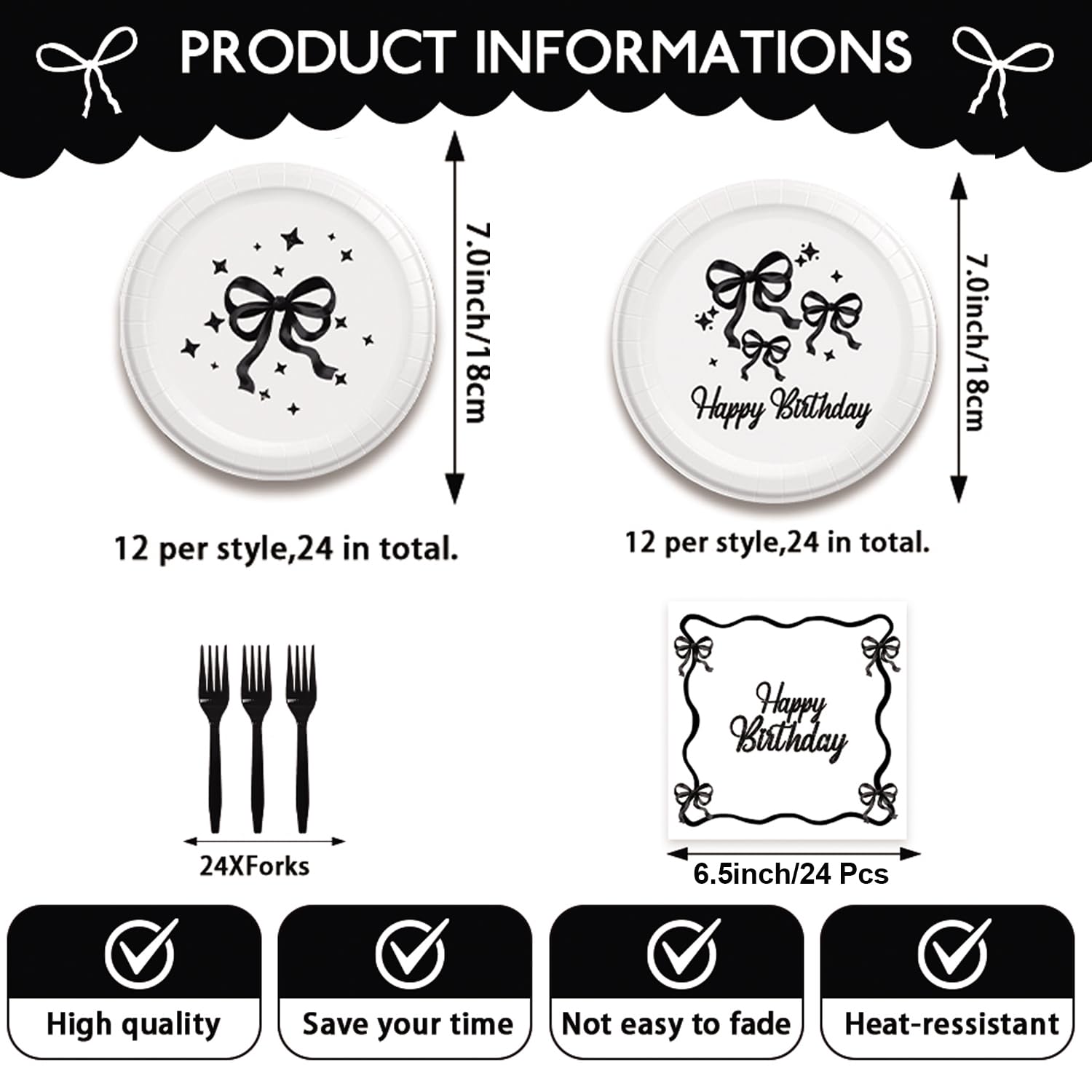 96Pcs Black Bow Birthday Party Supplies Set - Includes Napkins, Plates & Forks - Elegant Black Bow Themed Tableware for Girls Birthday Party Decorations | Perfect for Birthday Celebrations, Baby Showers & Themed Events