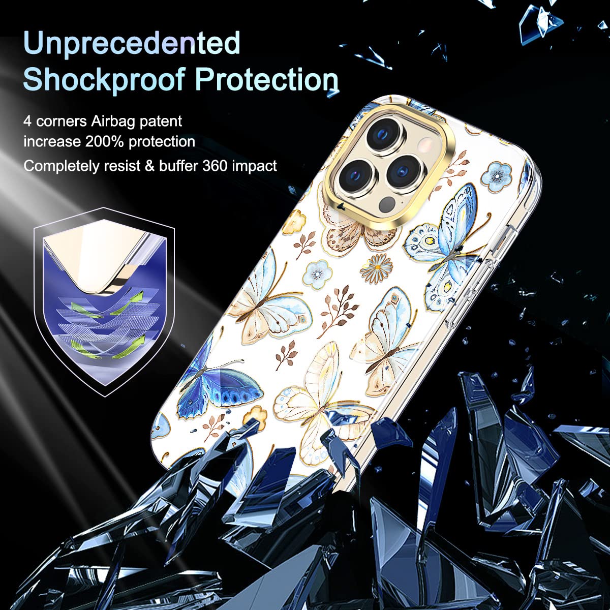 STERKER iPhone 15 Pro Case - Rugged Floral Design with Built-in Screen Protector | Shockproof TPU Bumper Cover for Women & Girls | Butterfly Pattern Protective Phone Case for Daily Use, Outdoor Activities & Travel