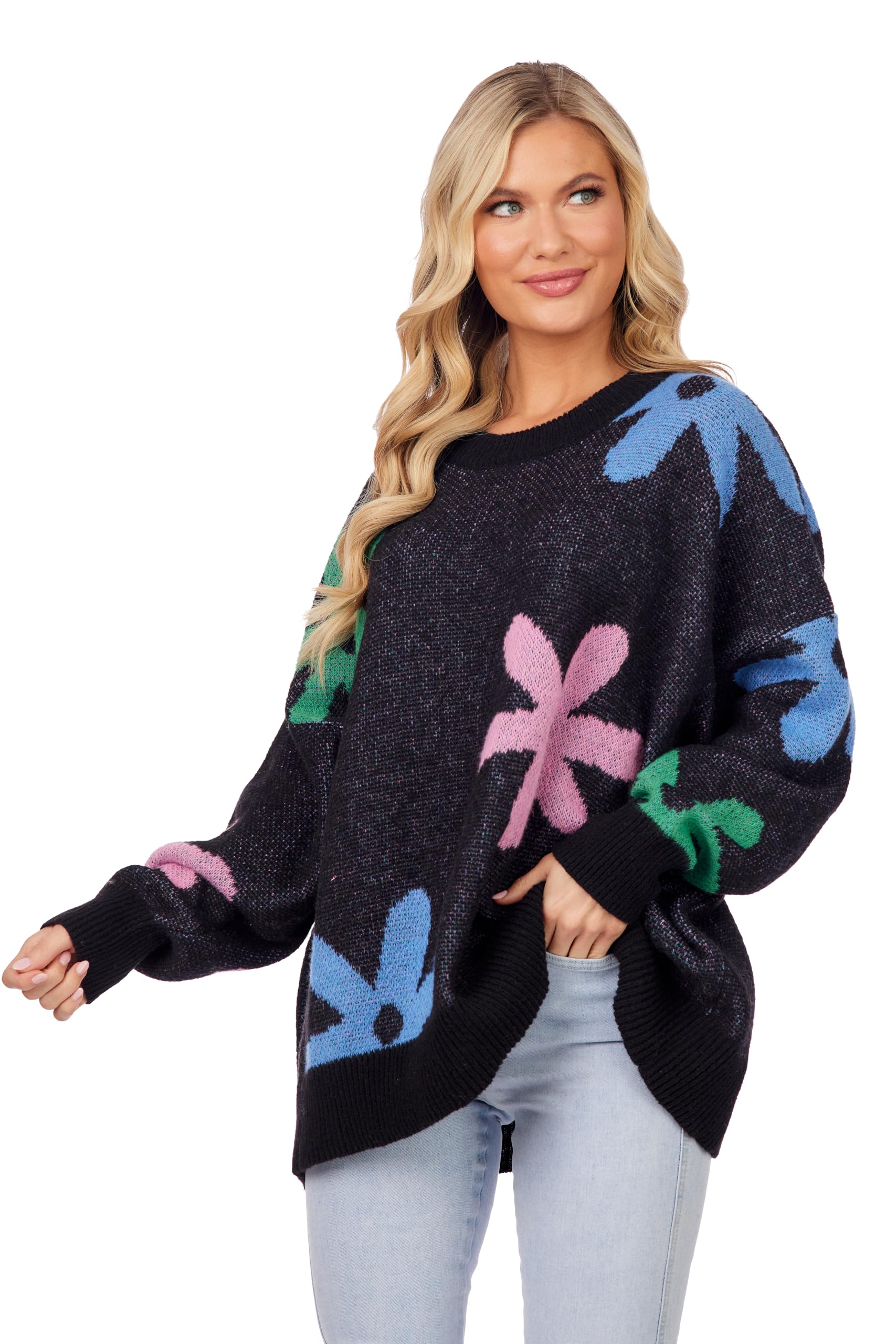 Mud Pie Women's Jadie Floral Knit Sweater - Cozy Pullover for Fall & Winter, Perfect for Casual Outfits, Office Wear, and Holiday Gatherings