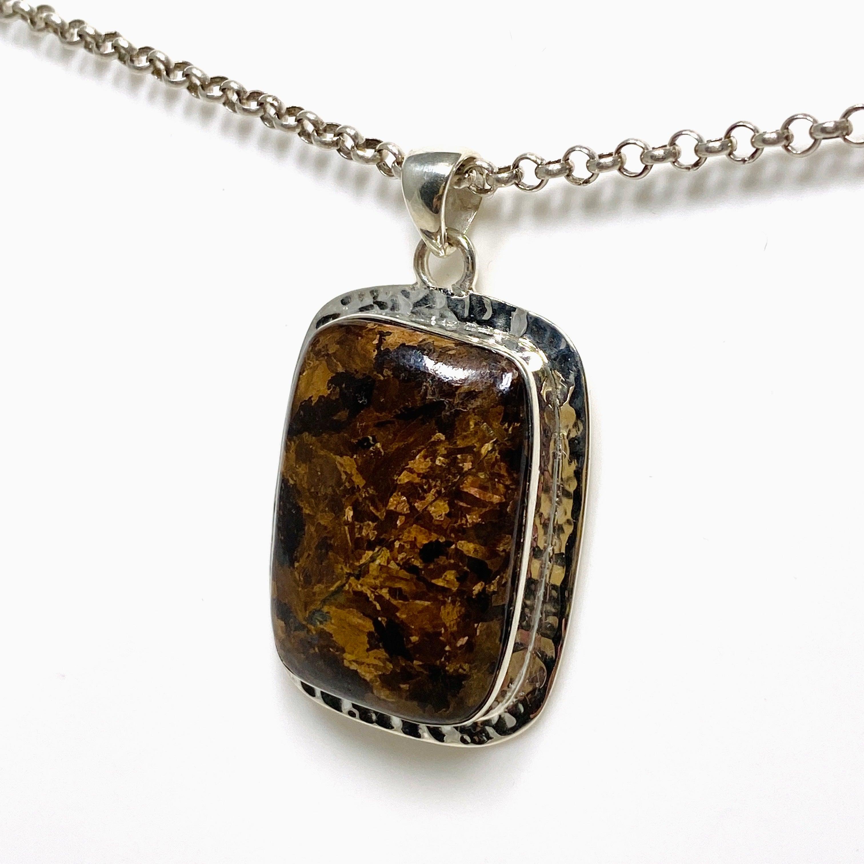 Bronzite Rectangular Pendant in Hammered Sterling Silver Setting KPGJ4438 - Perfect for Meditation, Energy Healing & Spiritual Jewelry Collection