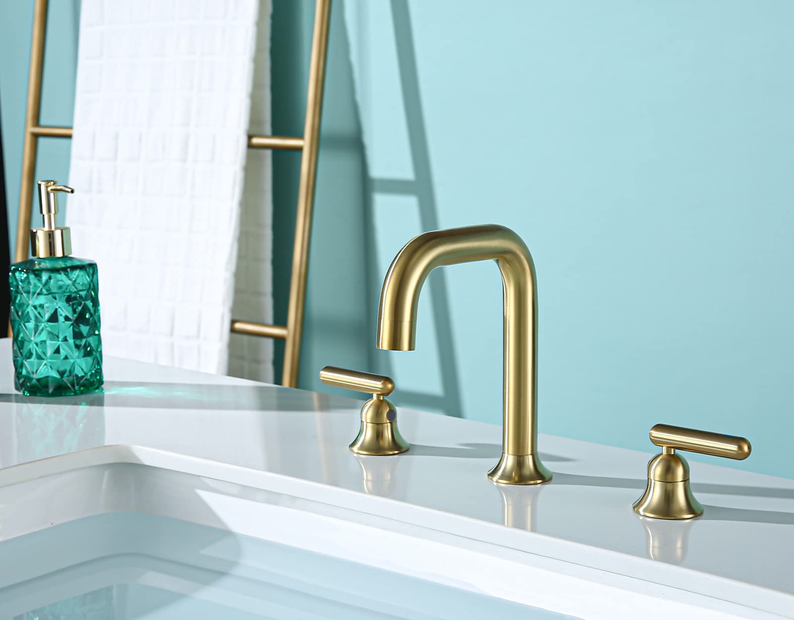 Brushed Gold Bathroom Faucet for Sink - 3 Hole Solid Brass Two Handle Vanity Faucet with Ceramic Disc Valves - Perfect for Modern Bathroom Renovation & Guest Powder Rooms