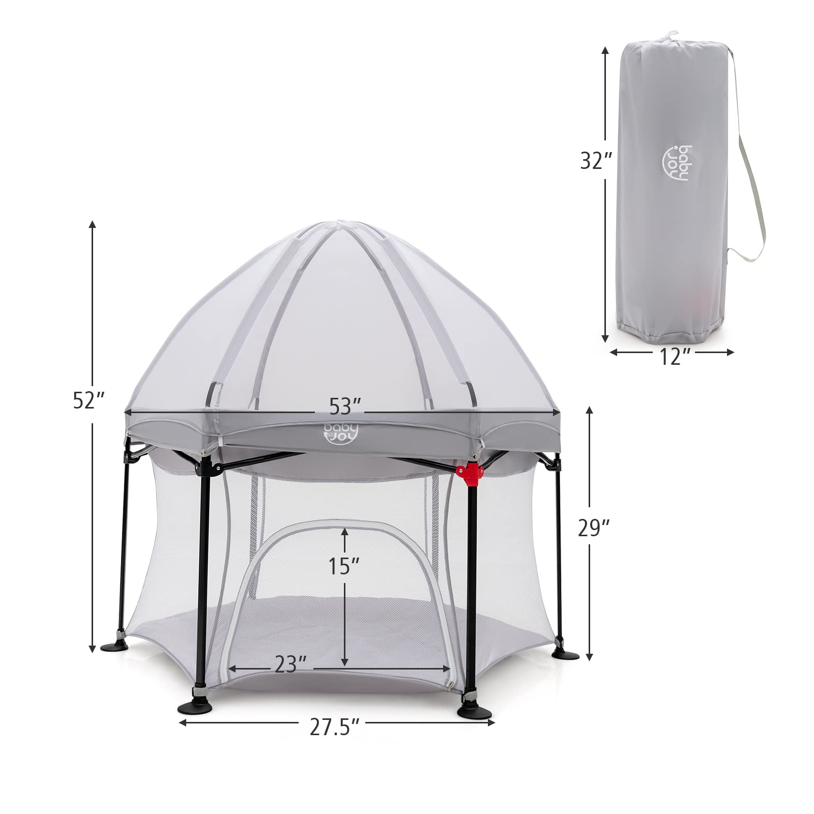 BABY JOY 53'' Portable Baby Playpen – Large Foldable Play Yard for Infants & Toddlers with UV Canopy, Padded Mat & Carry Bag | Indoor Outdoor Use for Home, Beach, Park & Backyard (Grey)
