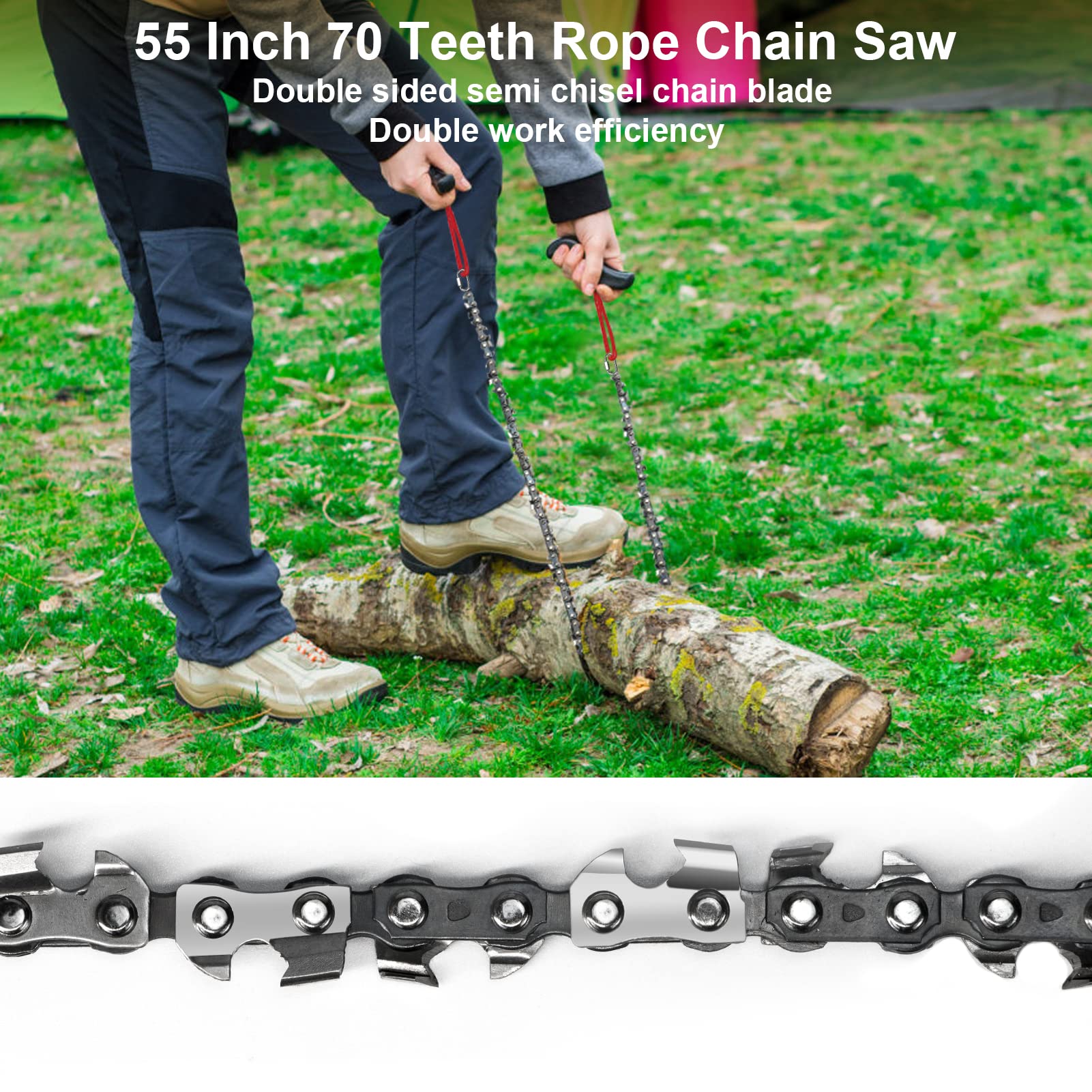55 Inch Rope Chain Saw with 70 Sharp Teeth & 46 Feet Ropes Kit - Heavy Duty Tree Limb Cutter, Portable Pocket Chainsaw for Camping, Hiking, and Emergency Survival