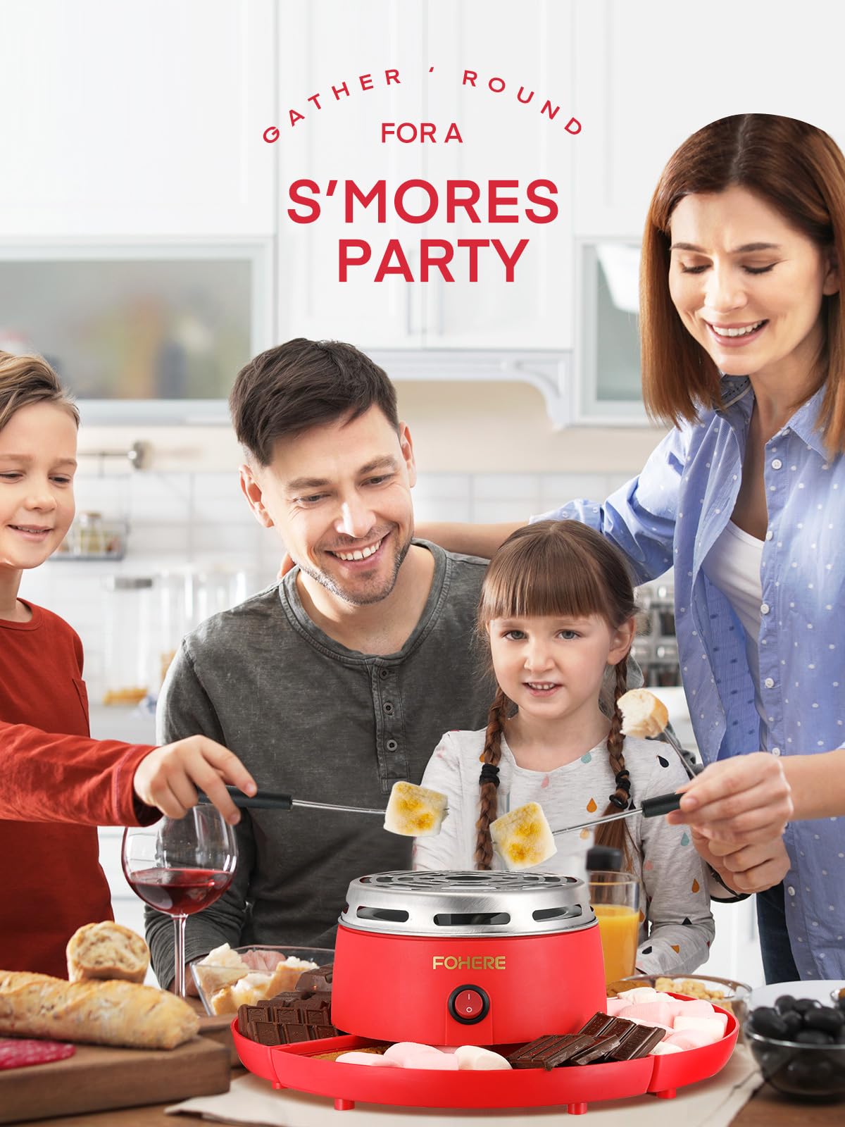 FOHERE Electric Smores Maker Indoor Flameless Marshmallow Roaster with 4 Detachable Trays & 4 Roasting Forks - Perfect for Movie Nights, Camping at Home, Housewarming Gifts & Family Gatherings (Red)