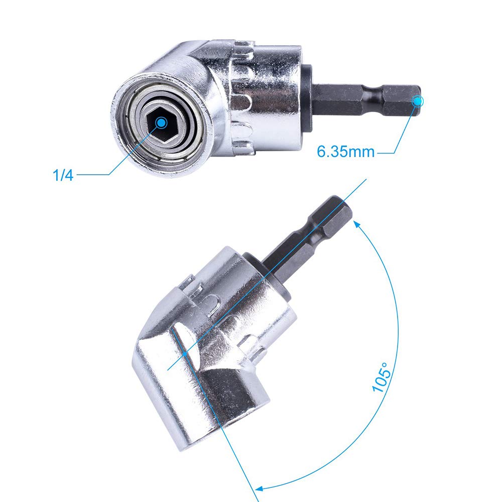 2Pcs 105 Degree 1/4 Inch Right Angle Drill Adapter Hex Shank Angled Bit Holder Power Drill Tool (1Pc Short & 1Pc Long) + 1Pc Flexible Angle Extension Bit Kit for Screwdriver & Drill - Perfect for Tight Spaces, DIY Projects, and Professional Construction Work
