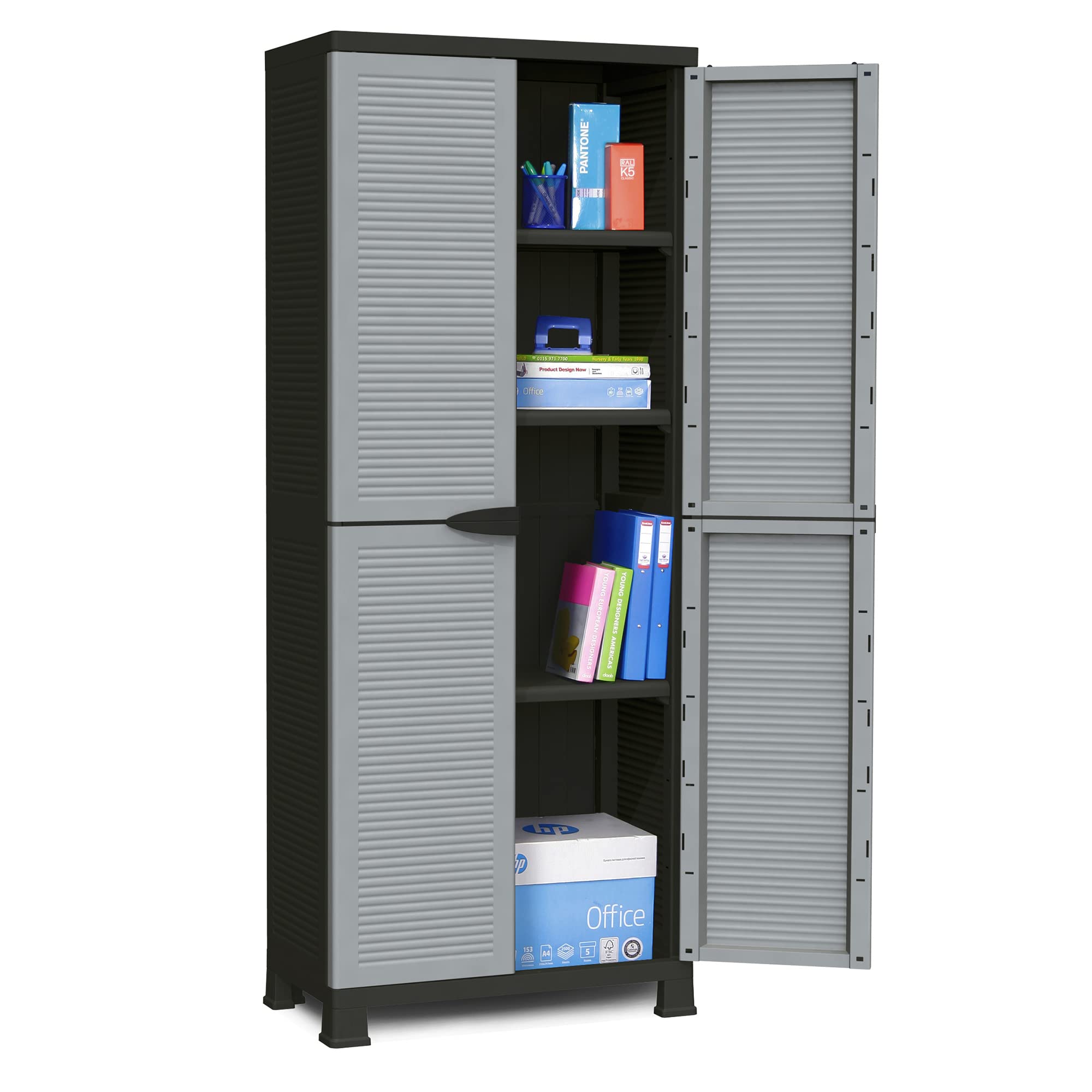 Ram Quality Products 3-Shelf Adjustable Tool Storage Cabinet with Lockable Doors - Heavy Duty Metal Utility Organizer for Garage, Workshop, Home & Outdoor Use - Gray