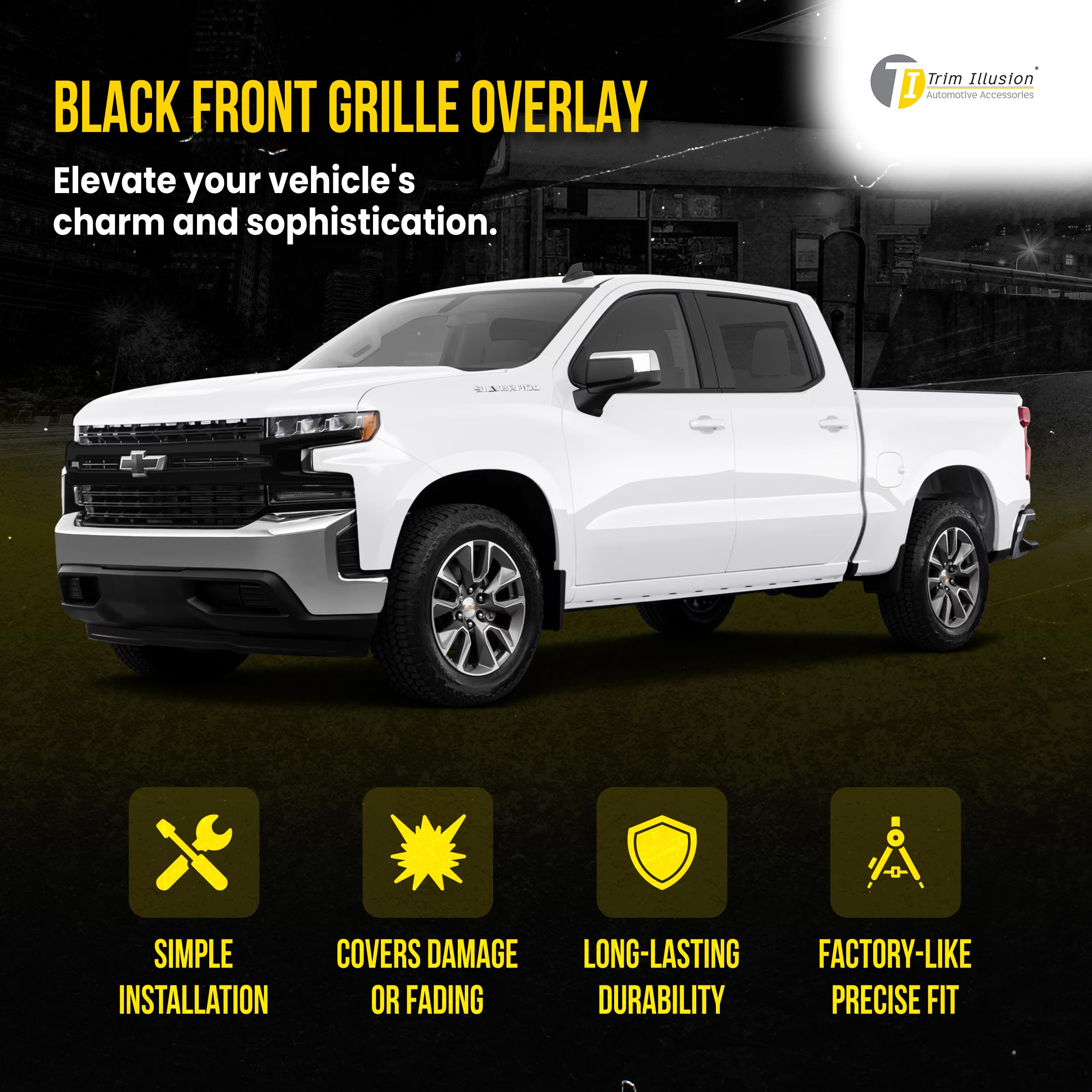 Gloss Black ABS Car Front Grille Cover Compatible with 2019-2021 Chevrolet Silverado 1500 LT/LTZ/RST/LT Trail Boss - Durable Trim Insert & Protective Overlay Guard for Enhanced Vehicle Style & Protection (ABS6560BLK) | Perfect for Off-Road Adventures & Custom Truck Upgrades