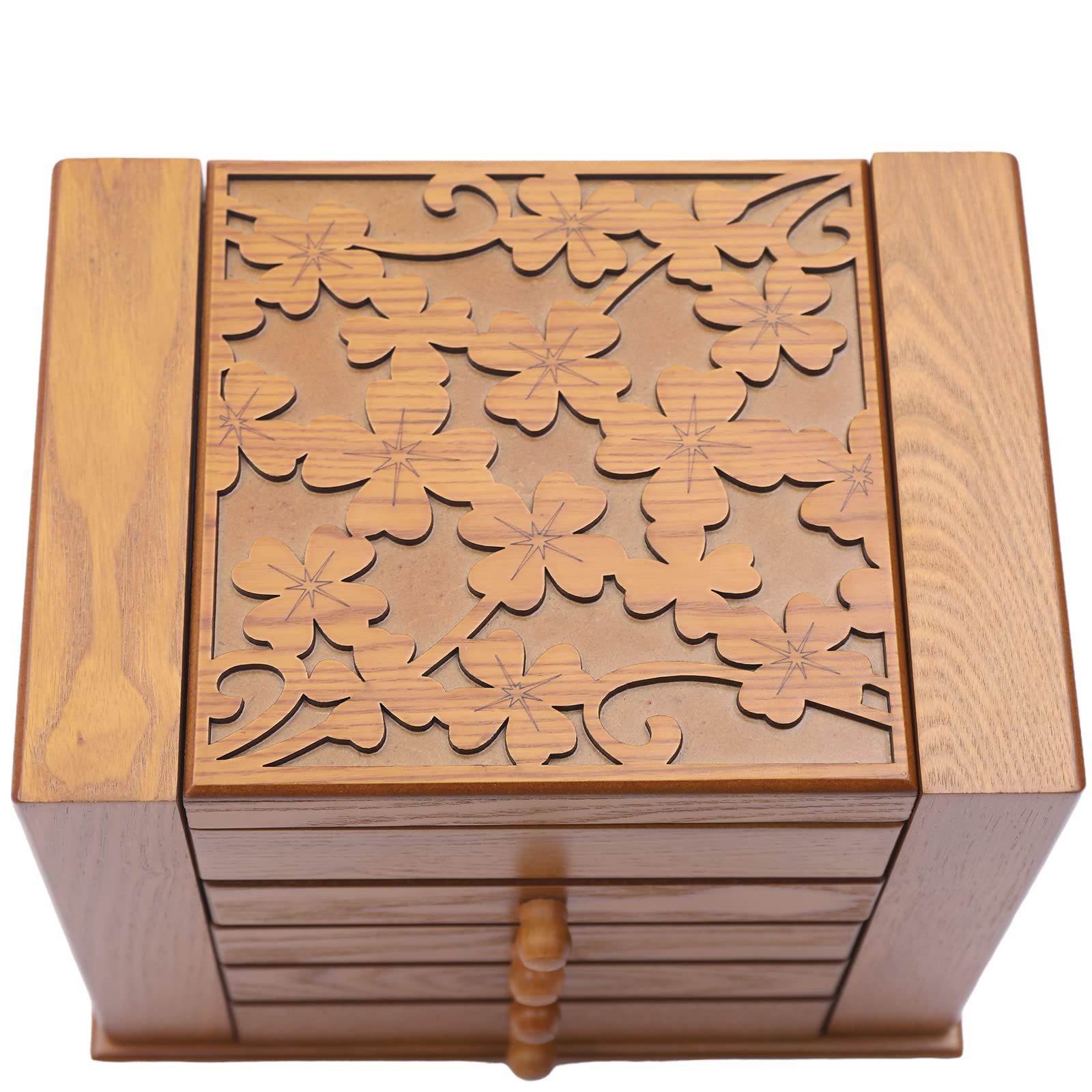 Eapmic Extra Large 5-Layer Wooden Jewelry Box - Hand Carved Four-Leaf Clover Design, Jewelry Storage Organizer for Rings, Necklaces & Accessories (Brown, Style 1) - Perfect for Bedroom Vanity, Wedding Gift & Travel Jewelry Case