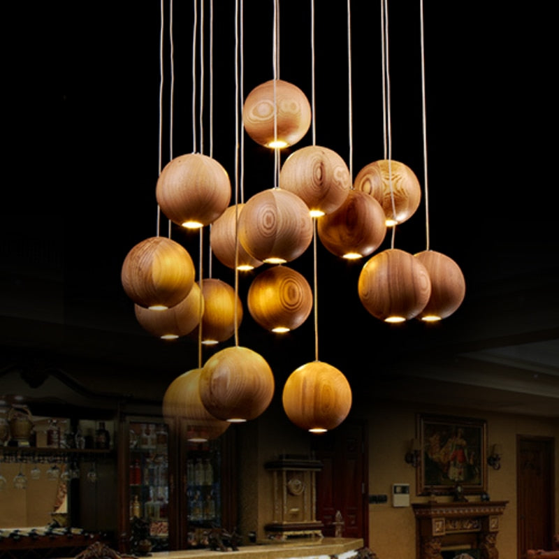 Handcrafted Wooden Globe Pendant Light - Modern Farmhouse Ceiling Lighting Fixture for Kitchen Island, Dining Room & Bedroom Decor