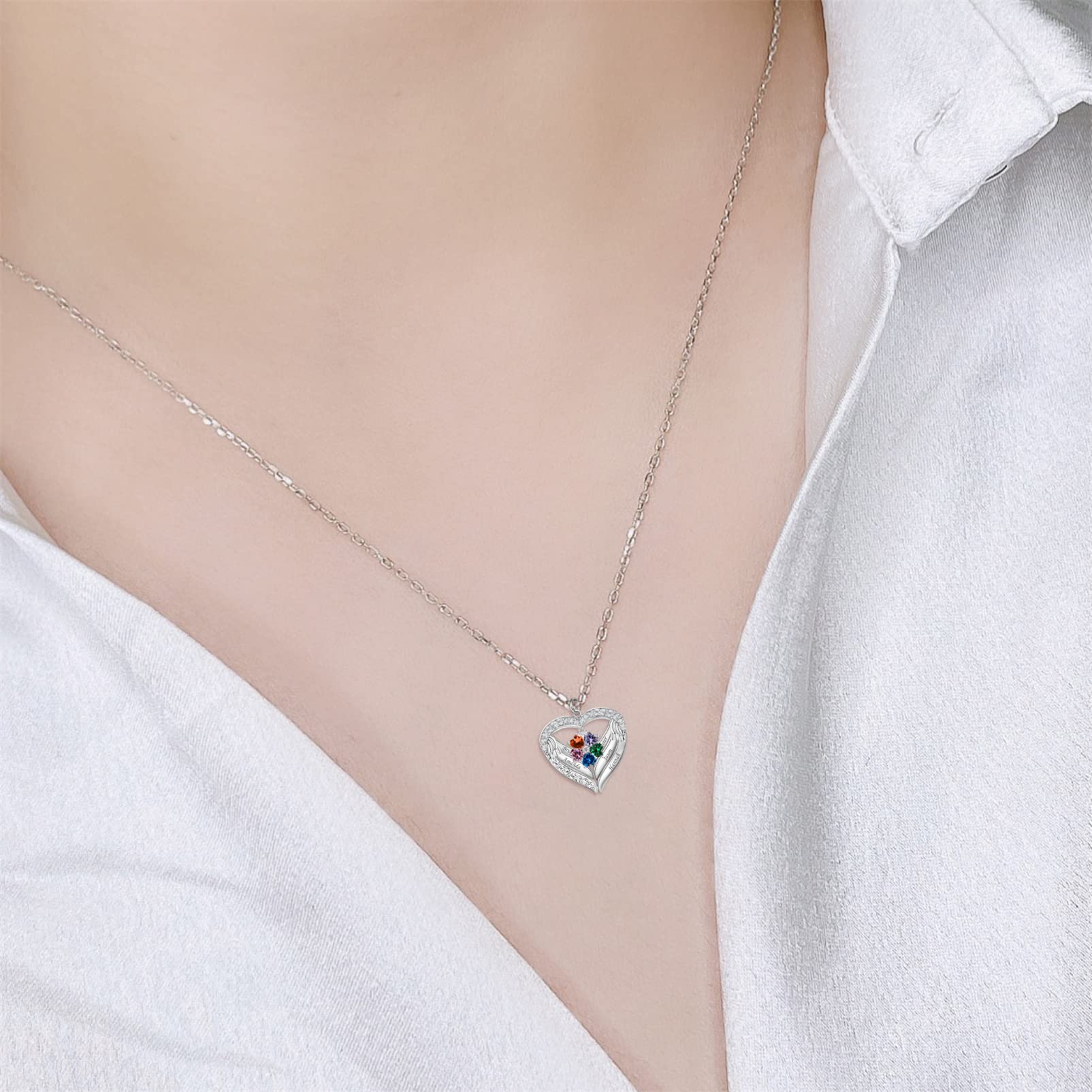 Custom Personalized Mothers Necklace with 1-6 Names & Simulated Birthstones - Heart Pendant Gift for Mom, Grandma, Wife - Perfect for Christmas, Birthday, Anniversary & Mother's Day Gifts