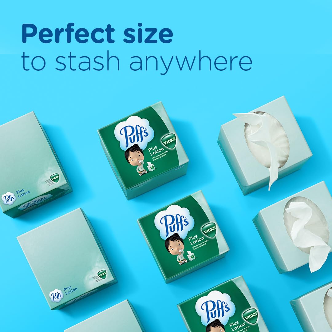 Vicks Puffs Plus Lotion Facial Tissues - 4 Cube Box (192 Tissues Total, 48 Tissues per Box) | Ultra-Soft & Lotion-Infused for Gentle Nose Care | Perfect for Cold, Flu & Allergy Relief at Home, Office or Travel