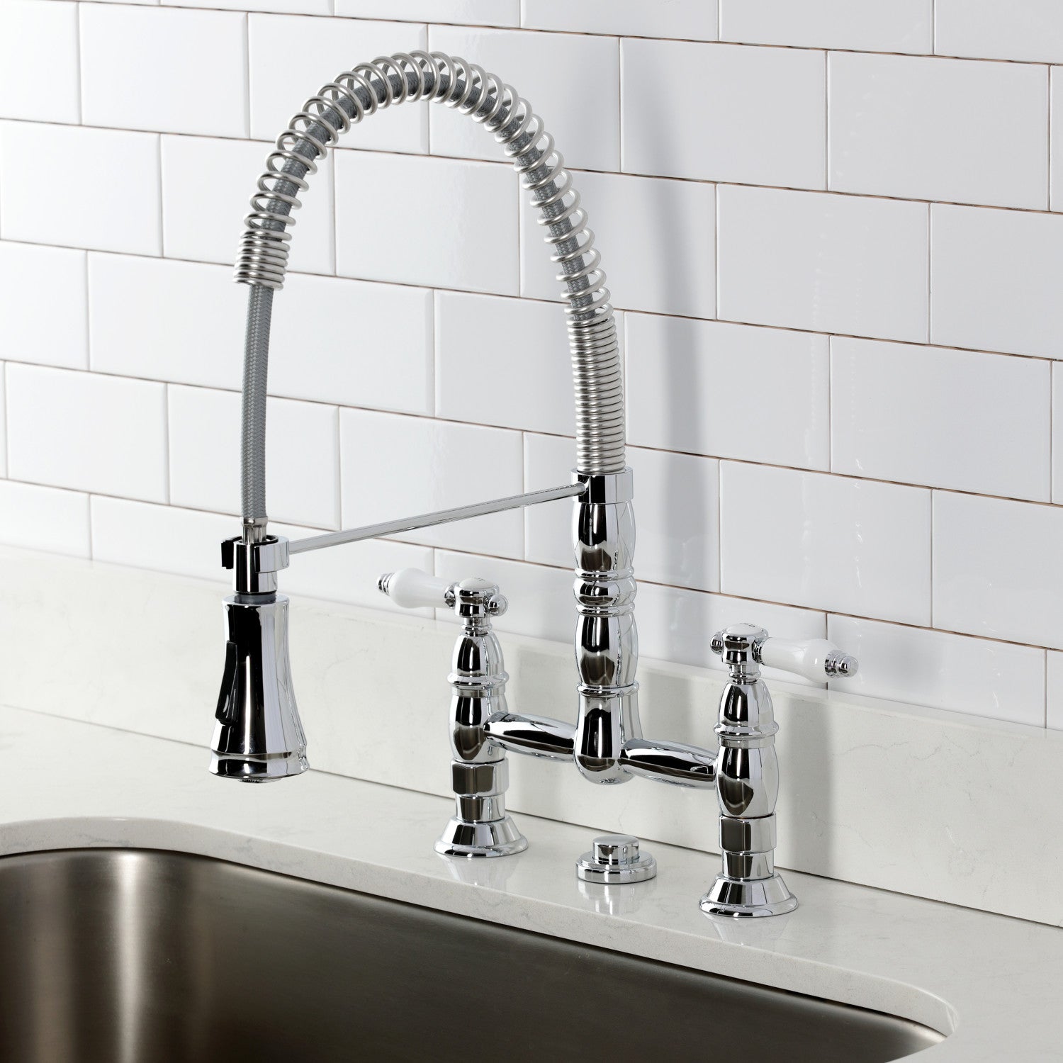 Bel Air GS1271BPL Double Handle 2 Hole Deck Mount Pre Rinse Bridge Kitchen Faucet in Polished Chrome - Perfect for Commercial Kitchens, Restaurants, and Heavy-Duty Home Use