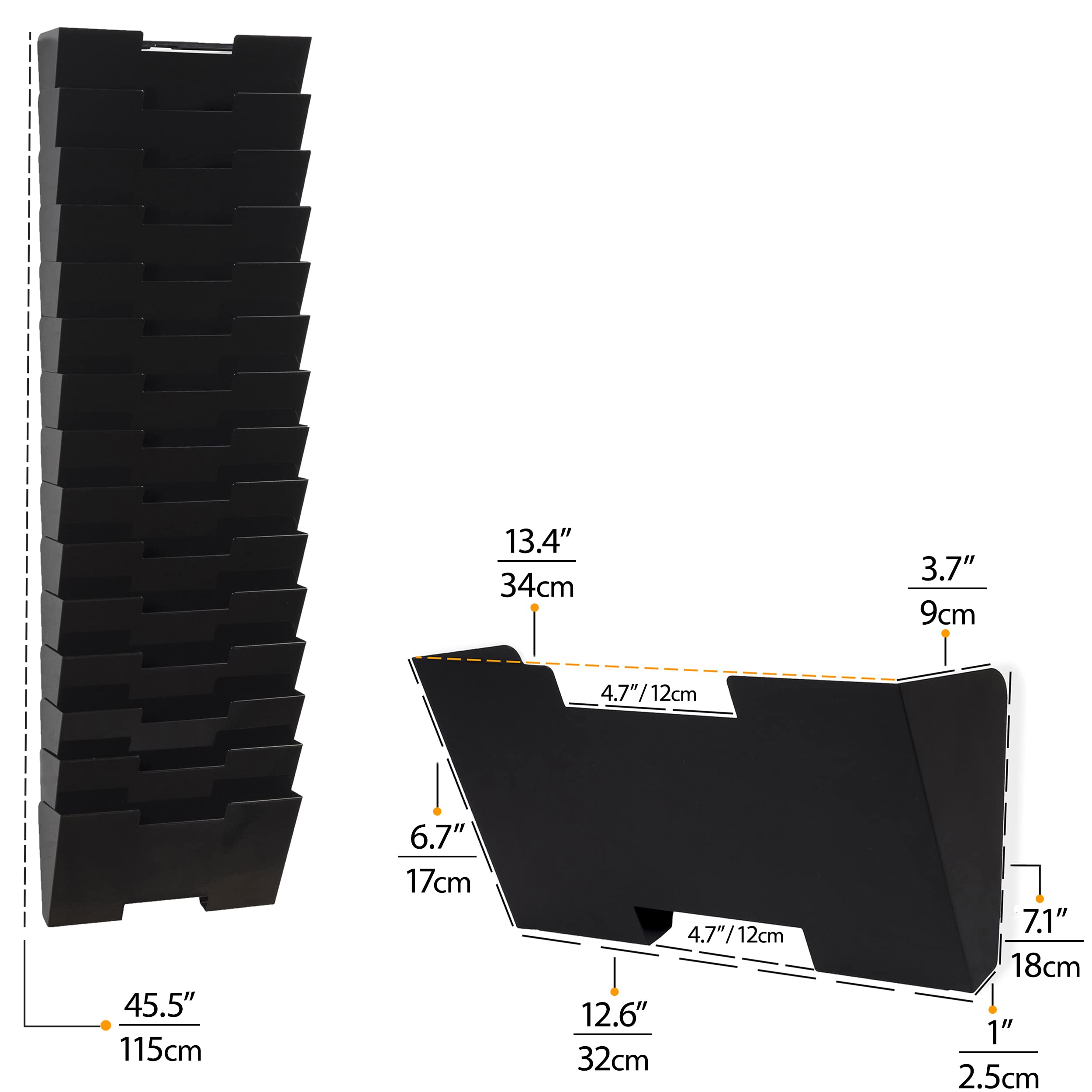 Wallniture Lisbon 15-Tier Wall Mounted File Holder & Desk Organizer - Black Metal Office Storage Rack for Documents, Mail & Supplies - Perfect for Home Office, Classroom & Workspace Organization