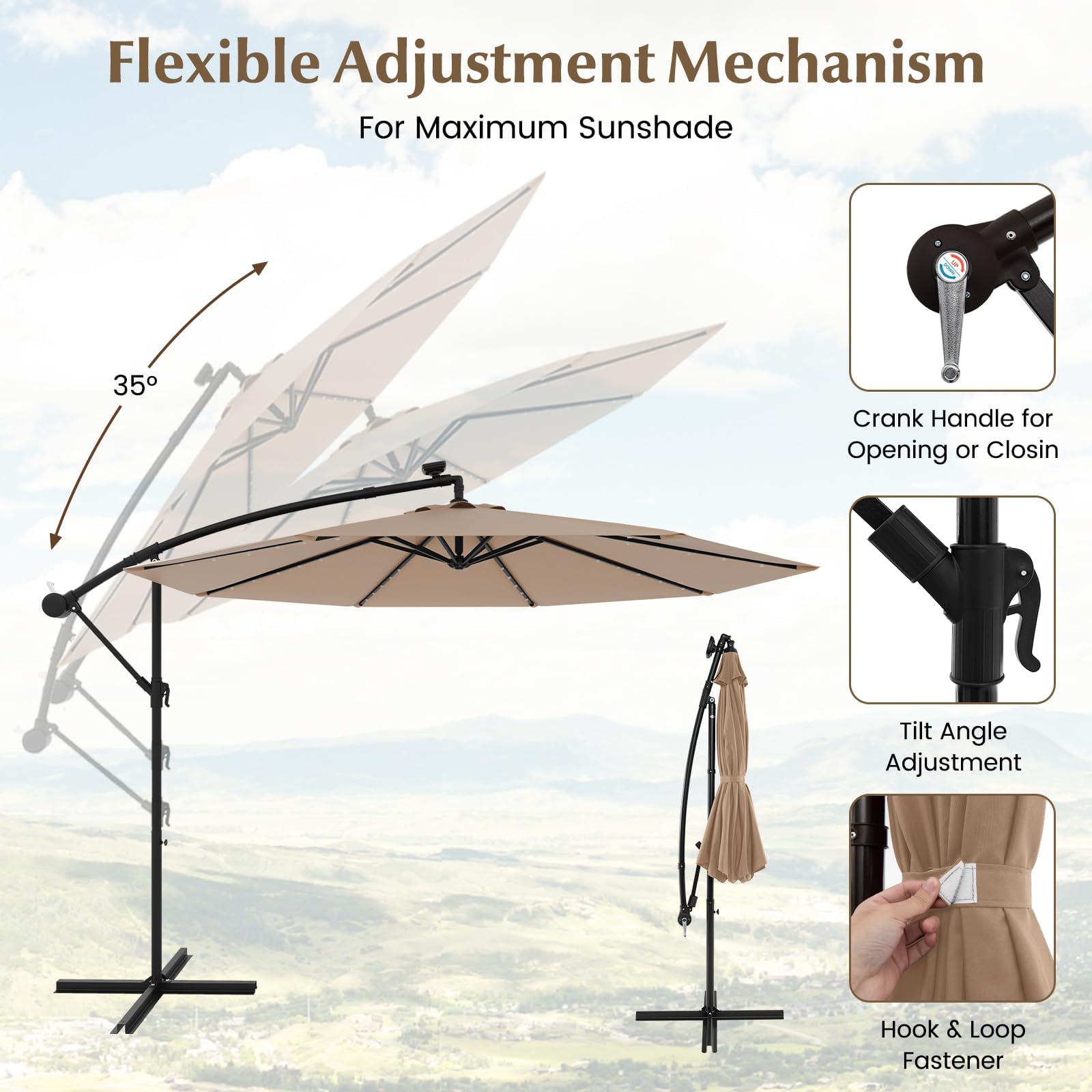 HAPPYGRILL 10 FT Outdoor Cantilever Umbrella with Solar Lights & Easy Tilt - 8 Ribs & Cross Base - Perfect for Patio, Deck, Poolside, Lawn, and Garden Relaxation