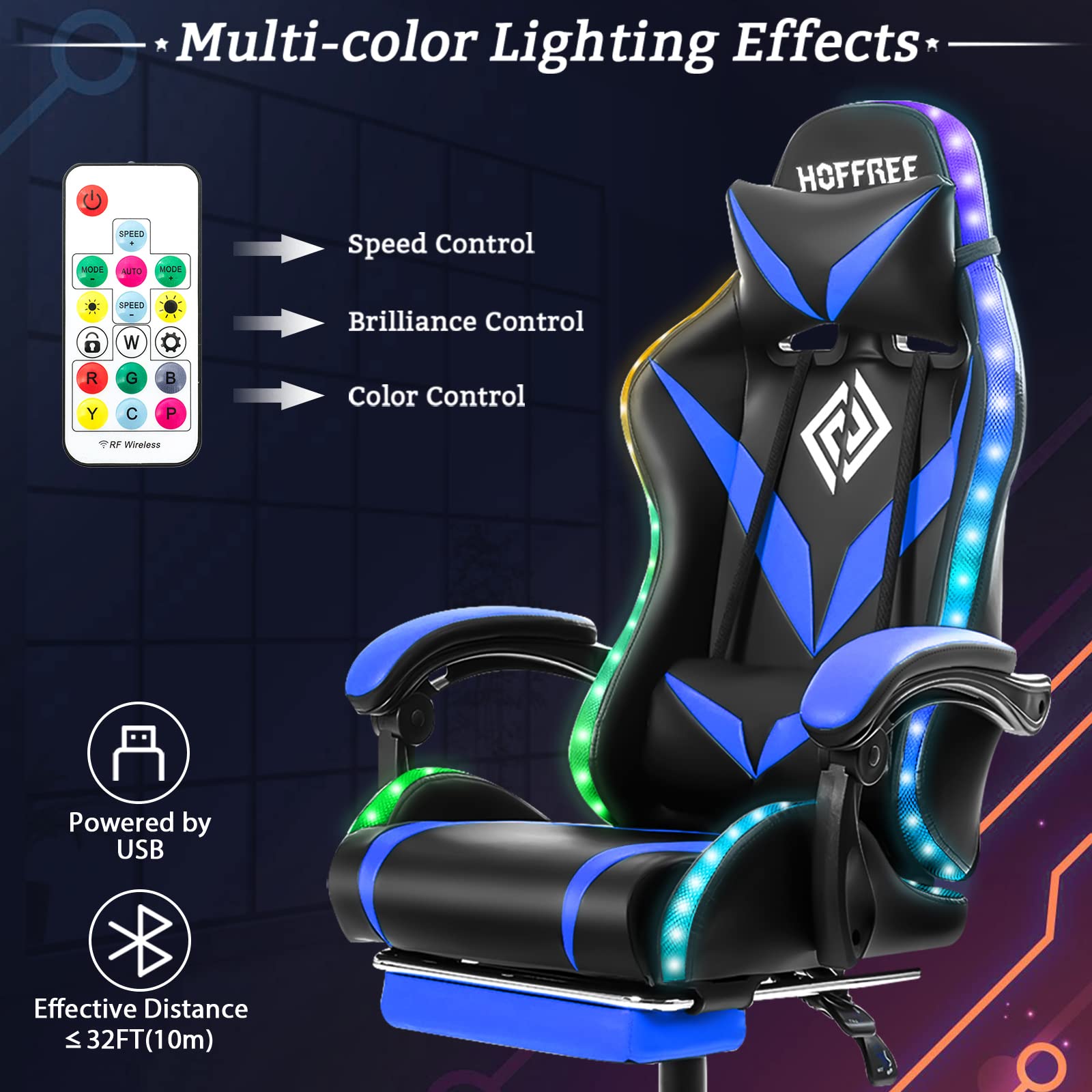Ergonomic Gaming Chair with LED Lights, Footrest & Massage - High Back Reclining Computer Chair with Adjustable Lumbar Support (Blue & Black) - Perfect for Esports, Streaming & Home Office Setup