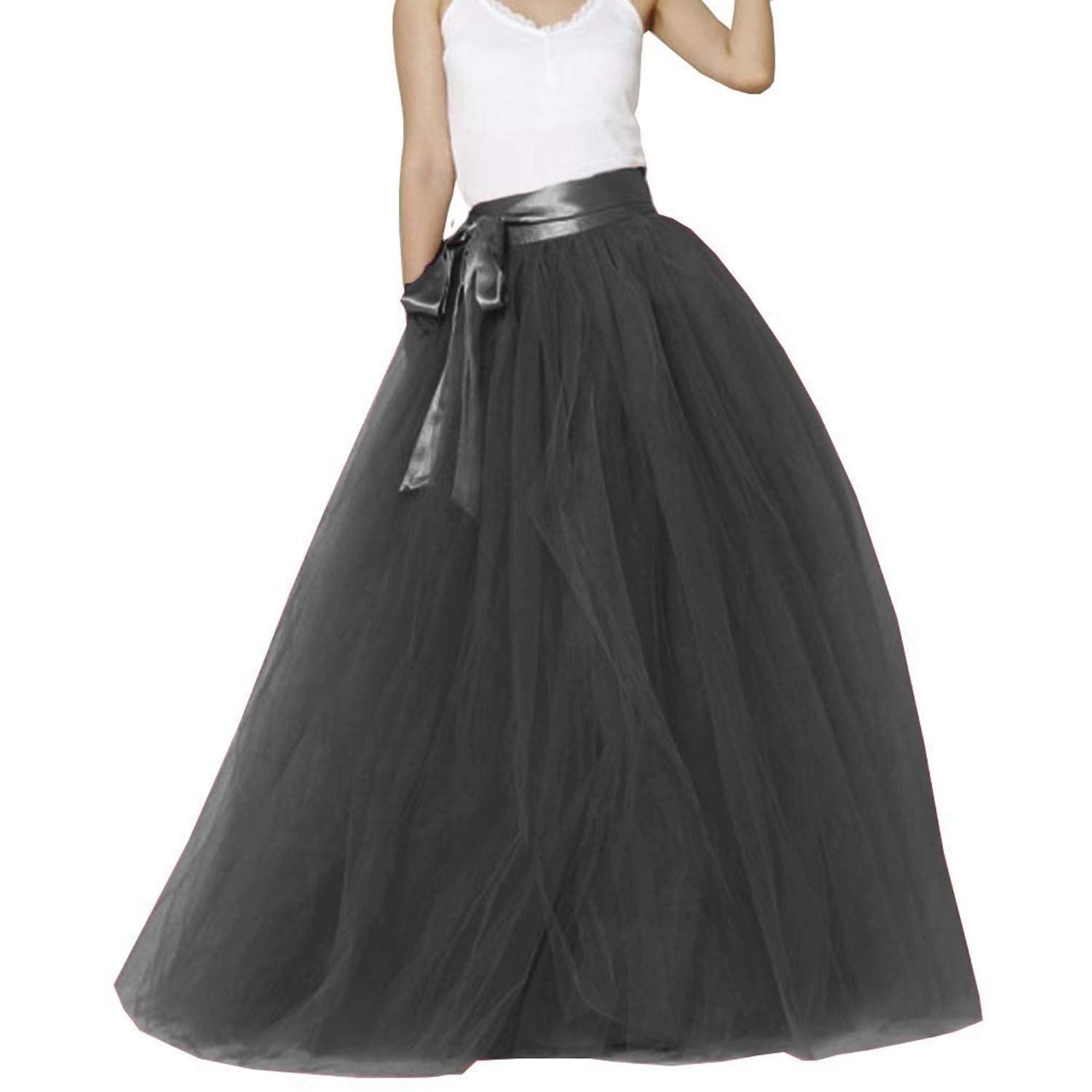 Elegant Women's 5-Layer Tulle Maxi Skirt with Bowknot Belt - High Waisted A-Line Floor Length Puffy Skirt for Wedding, Party & Evening Events | Perfect for Bridesmaids, Prom, Formal Occasions and Special Celebrations