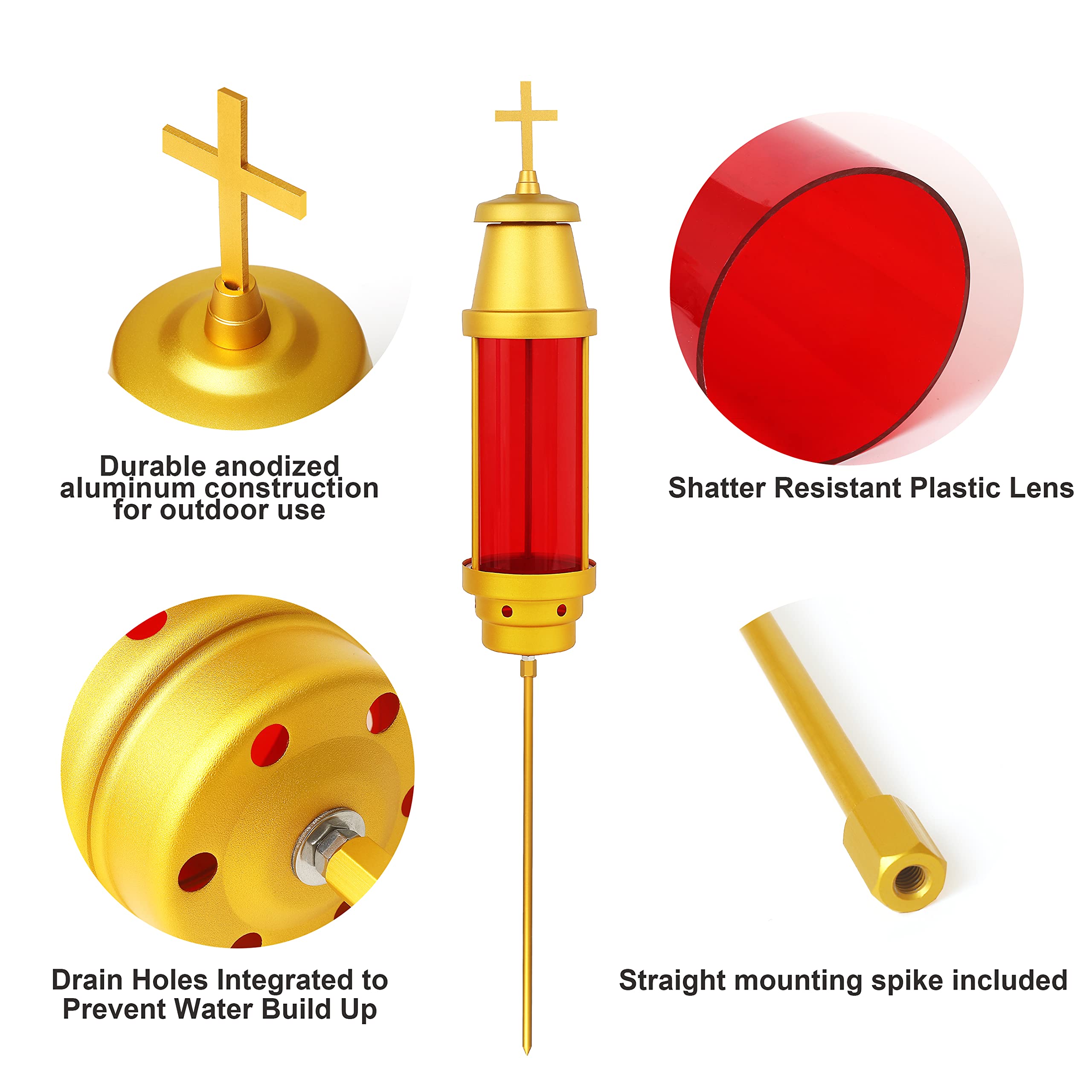 Eternal Memorial Light - Anodized Aluminum Grave Lantern with Crosses, Cemetery Candle Holder for Graveside Decorations (Red, Candle Not Included) - Perfect for Memorial Day, All Souls' Day & Grave Site Visits