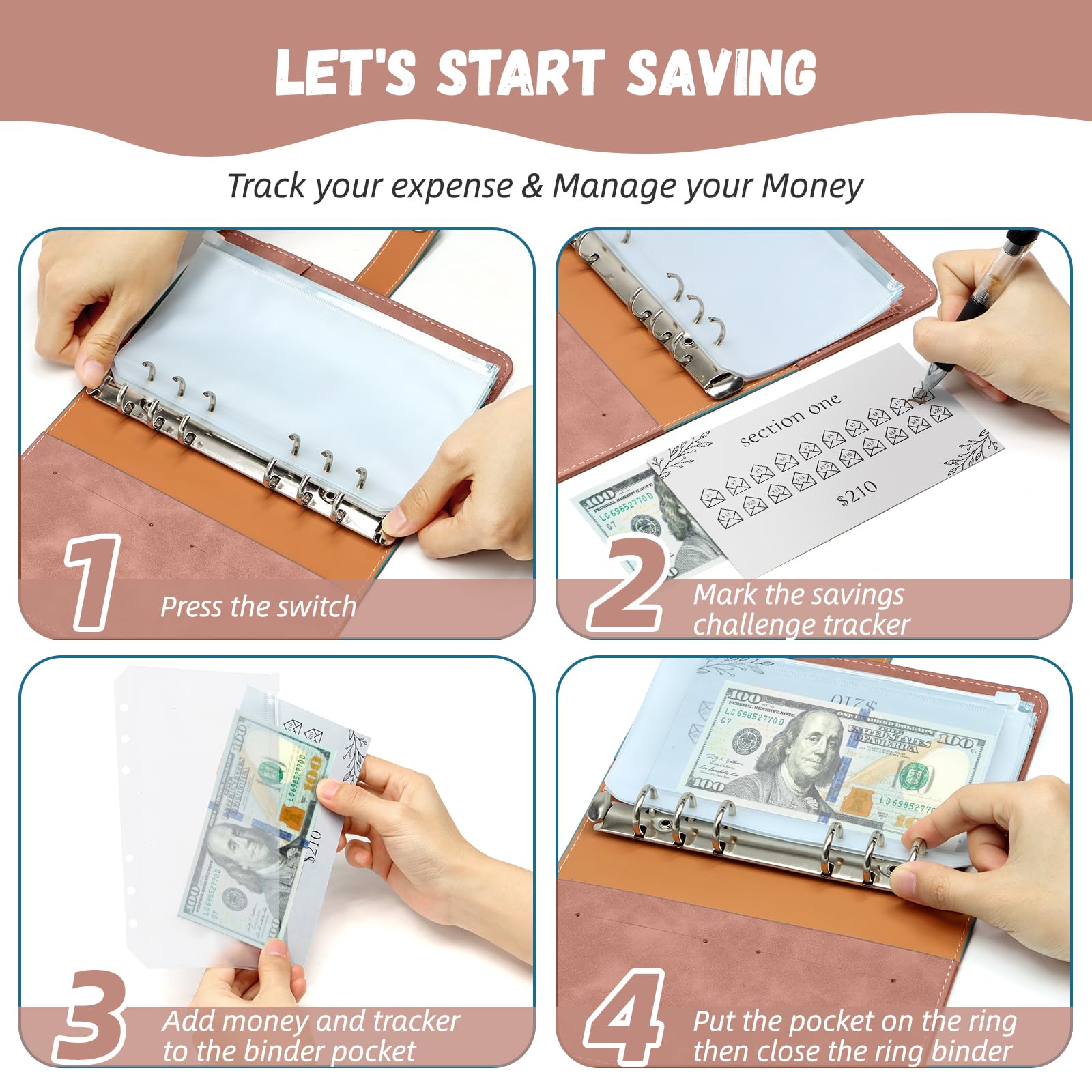 Premium A6 Budget Binder with Upgraded Cash Envelopes - Money Saving Organizer with 24 Trackers for $100 to $10,000 Savings Goals | Perfect for Cash Envelope System, Financial Planning & Personal Finance Management at Home or Office