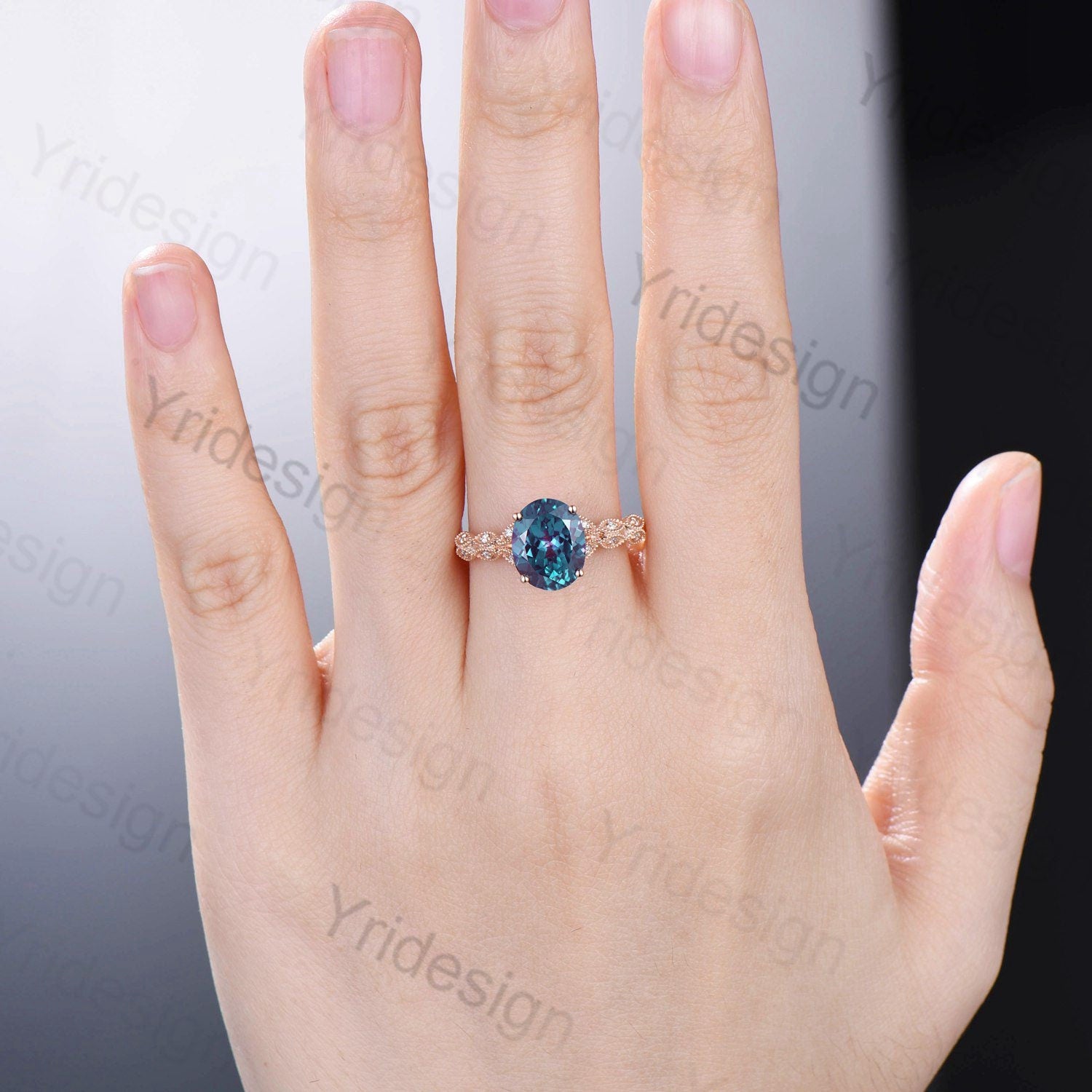 8X10mm Oval Alexandrite Engagement Ring for Women - Split Shank Art Deco Moissanite Diamond Wedding Band, Milgrain Detailing, June Birthstone Anniversary Gift - Perfect for Proposals, Bridal Jewelry & Special Occasions