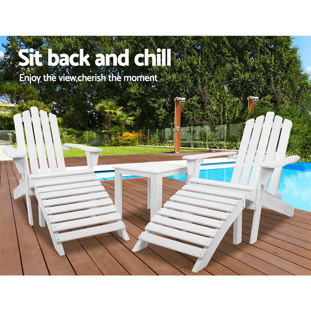 Gardeon Outdoor Sun Lounge Beach Chair - White Wooden Adirondack Patio Chair with Table Setting - Perfect for Poolside, Backyard & Beach Relaxation