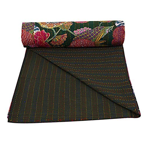 Handmade Indian Kantha Quilt - Floral Fruit Print Reversible Bedspread, Twin Size Throw Blanket for Bedroom Decor, Sofa Cover, or Bohemian Style Gift