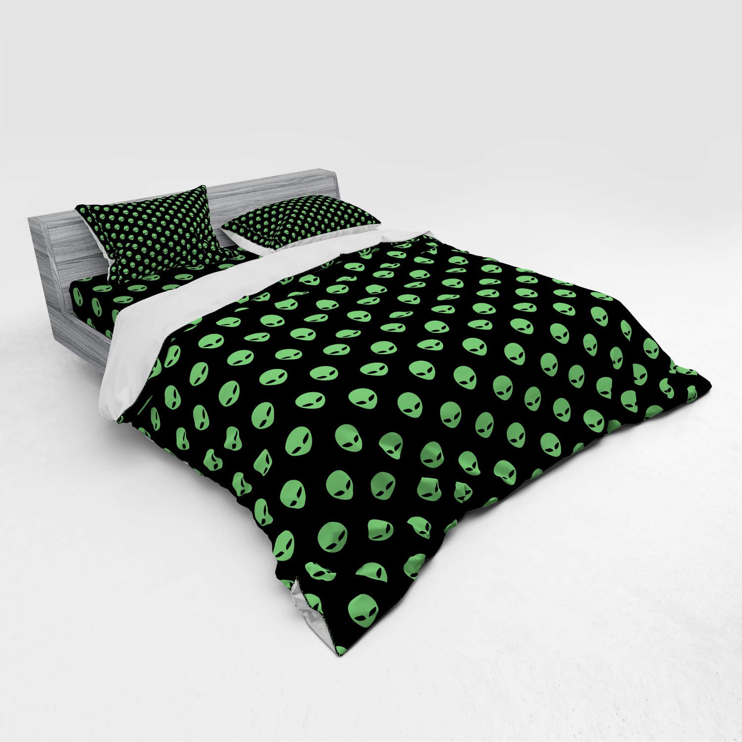 Ambesonne Alien Duvet Cover Set - 4 Piece King Size Bedding with Shams & Fitted Sheet - Fern Green & Black UFO Extraterrestrial Design - Perfect for Sci-Fi Themed Bedrooms & Alien Enthusiast Decor