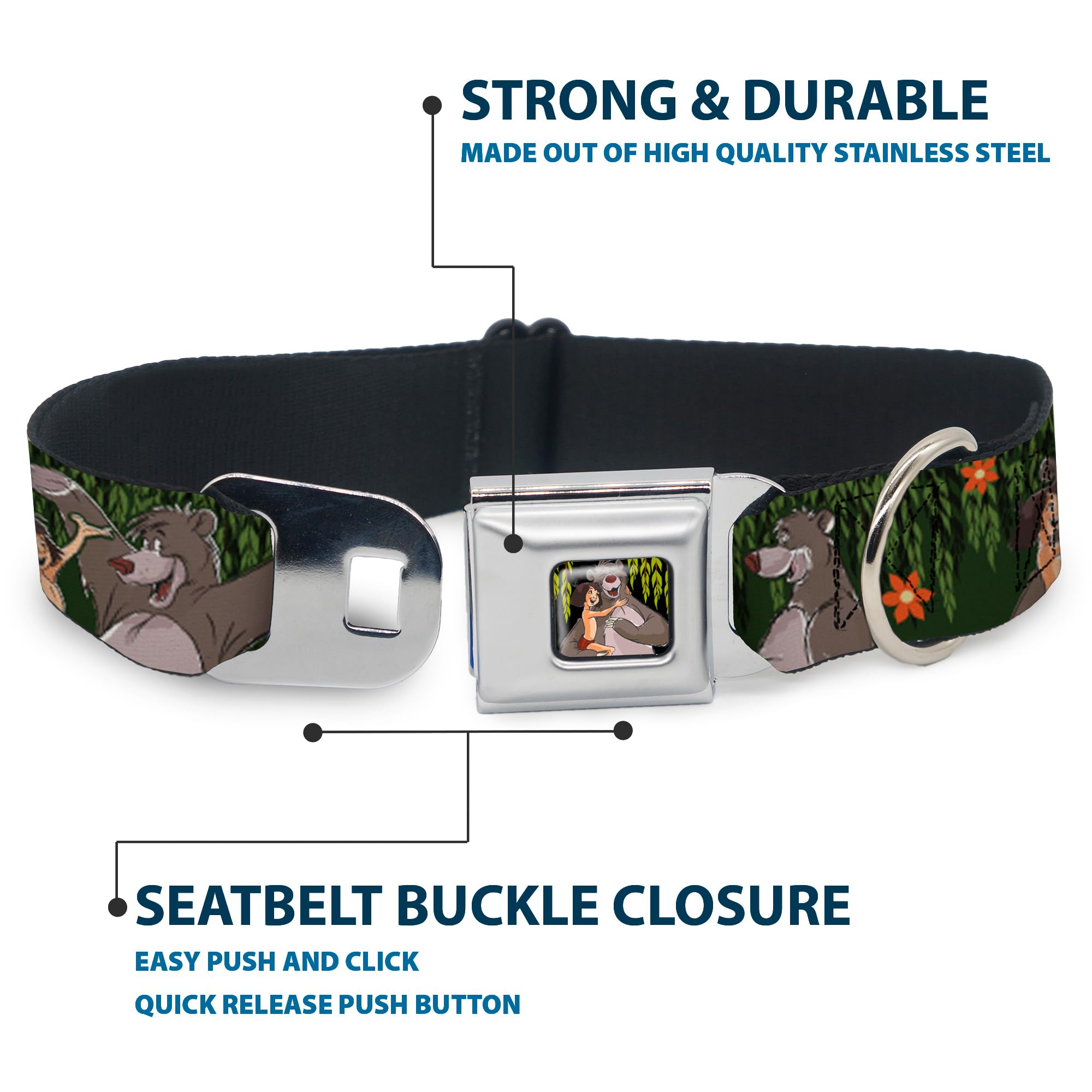 Dog Collar with Seatbelt Buckle - Mowgli & Baloo 3 Poses, Leaf & Flower Design, 1.0 Inch Wide (11-17 Inches) - Perfect for Car Safety & Outdoor Adventures with Your Pet