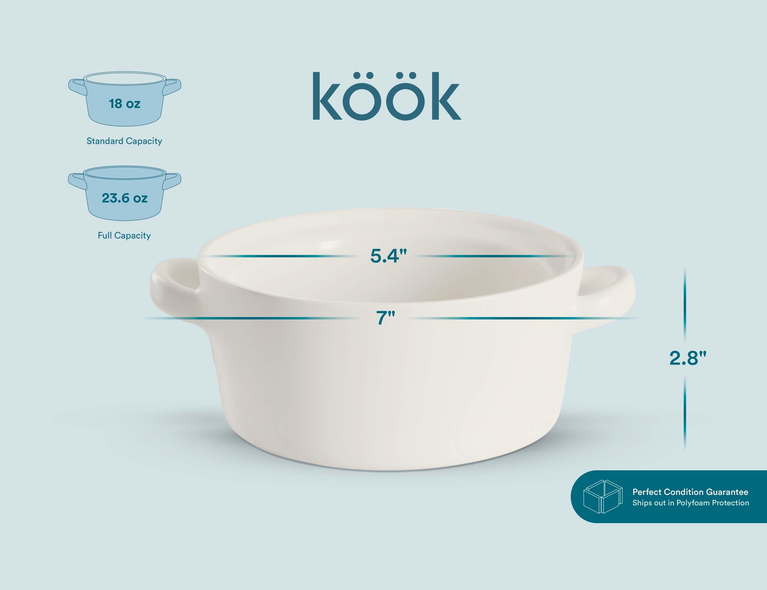 Kook Soup Crocks - Set of 4 Stackable Ceramic Bowls (23.6 oz Each) | Oven, Broiler, Microwave & Dishwasher Safe | Matte White with Handles | Perfect for Casseroles, Pasta, Cereal & Soup | Ideal for Family Dinners, Meal Prep & Entertaining