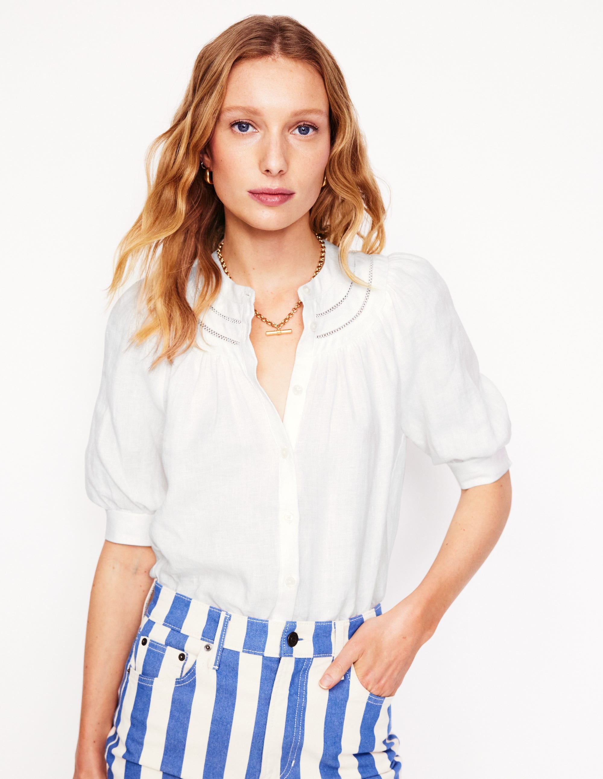 Bea Women's Linen Blouse White - Breathable Summer Tops for Casual Outings & Beach Vacations