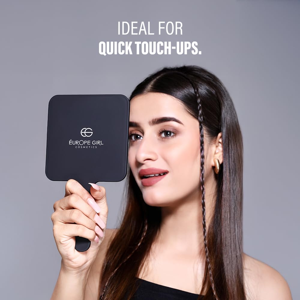 European Style Hand Mirror for Women - Lightweight & Compact Square Makeup Mirror in Black - Perfect for Travel, Home, and Professional Makeup Application
