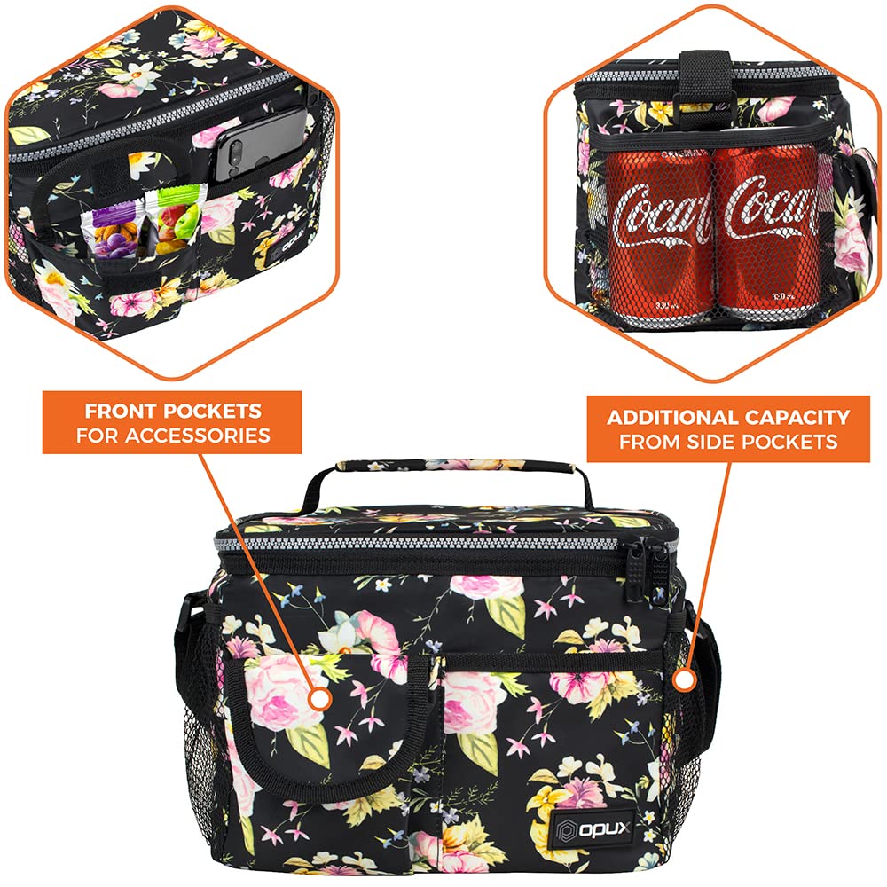 OPUX Insulated Lunch Bag for Men & Women - Leakproof Floral Black Lunch Box for Work, School & Travel - Portable Soft Cooler Bag with Shoulder Strap - Holds 14 Cans/8L - Perfect for Office, Picnics & Outdoor Activities