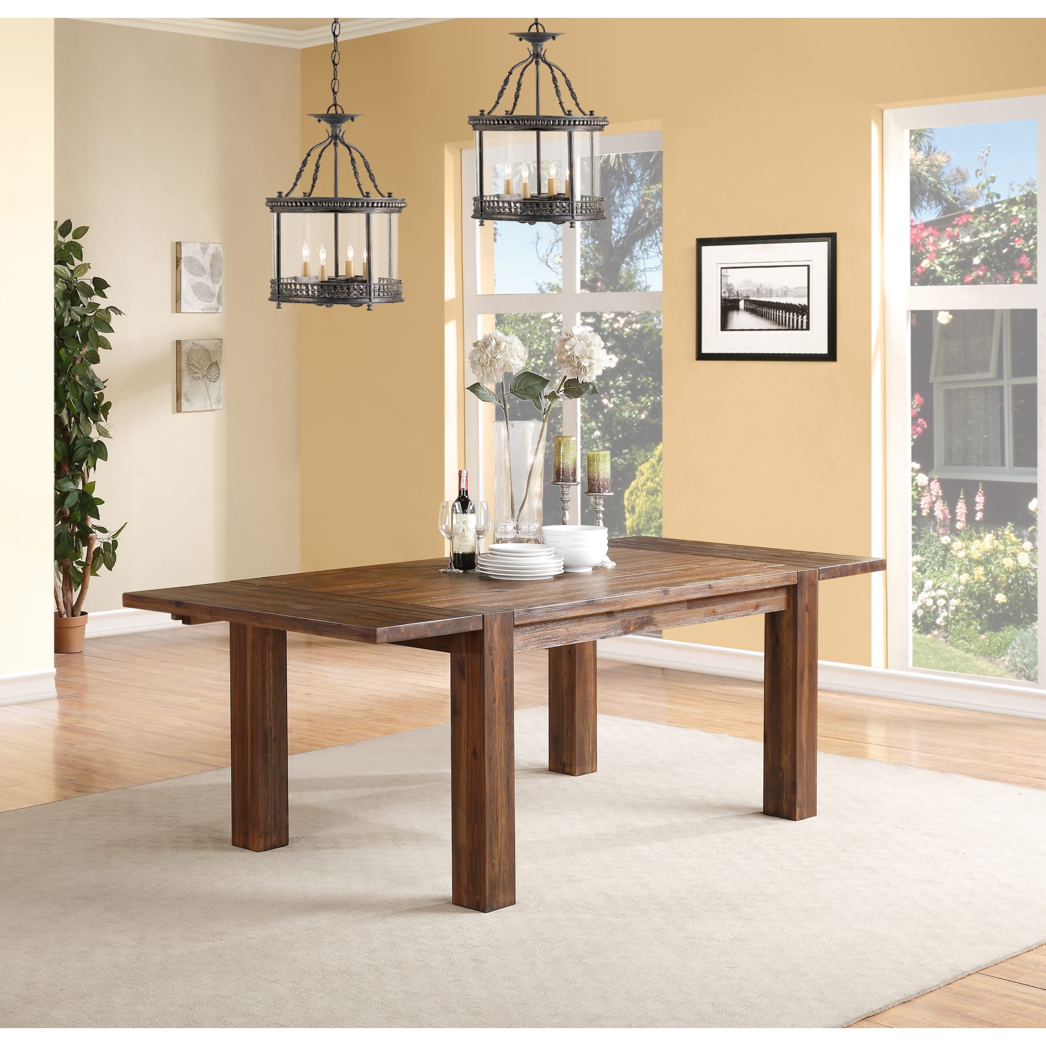 Solid Wood Extending Dining Table - Brick Brown Finish - Expandable Farmhouse Style Table for Family Gatherings & Dinner Parties