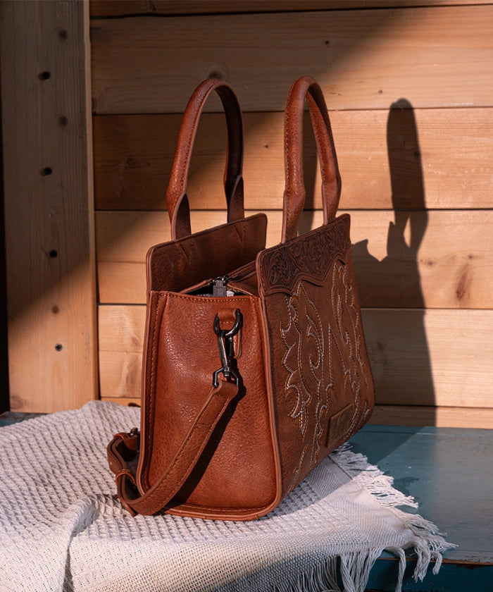 Wrangler Boot Scroll Crossbody Purse for Women - Vintage Western Leather Handbag for Everyday Use, Travel & Country Music Festivals