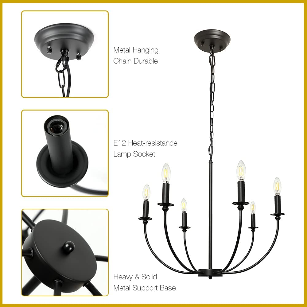 Depuley 6-Light Black Farmhouse Chandelier - Industrial Iron Rustic Ceiling Pendant Light Fixture for Dining Room, Kitchen, or Living Room Decor
