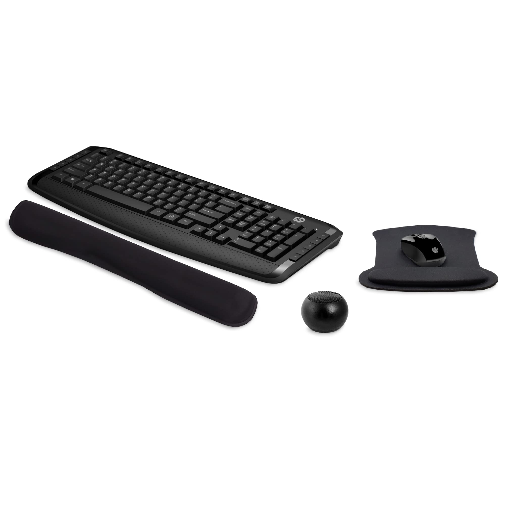 HP Wireless Keyboard and Mouse 300 Combo Set with Ergonomic Gel Mouse Pad, Wrist Support, and Mini Bluetooth Speaker - Built-in Mic, Remote Selfie Button for PC/Laptop - Perfect for Home Office, Gaming, and Remote Work