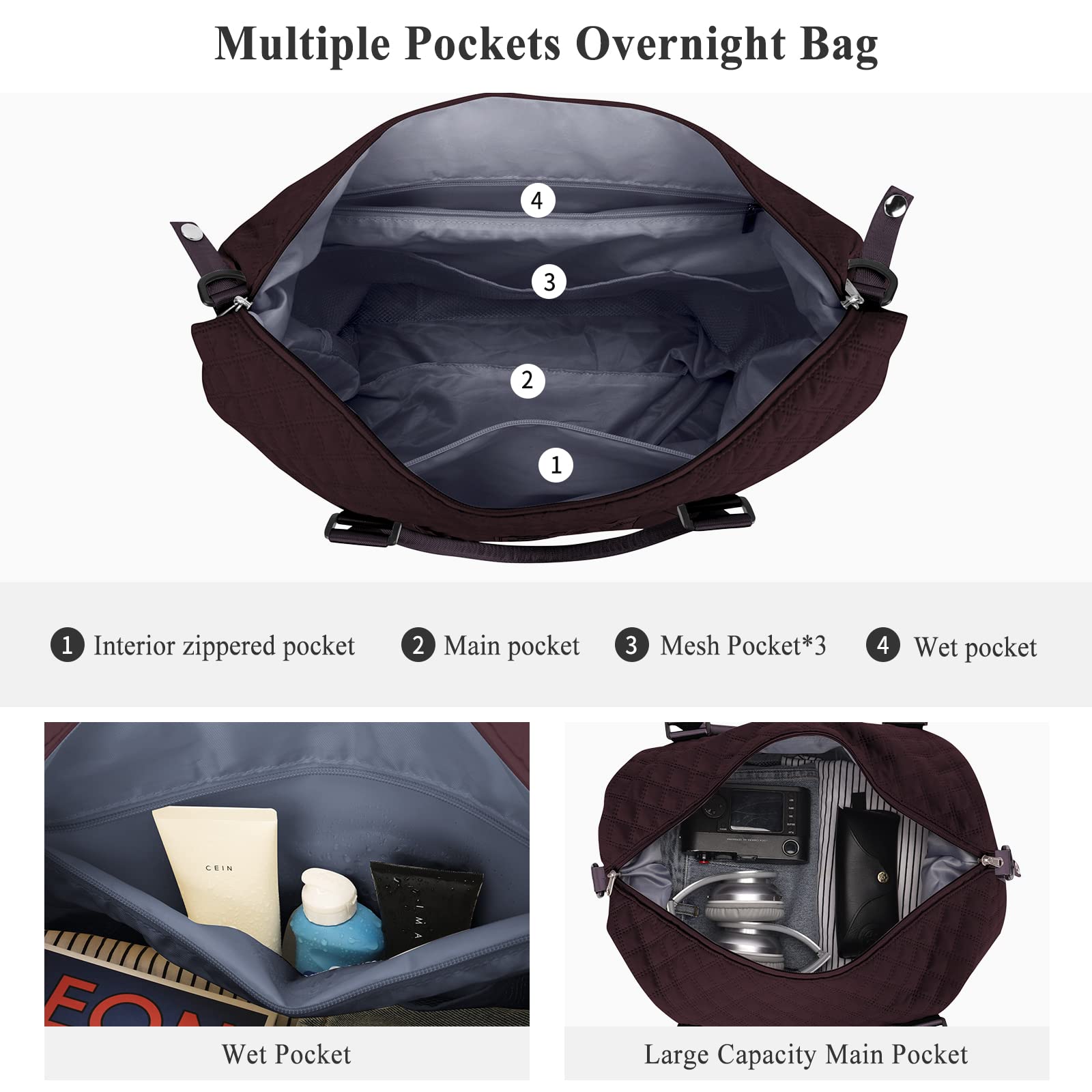 Stylish Women's Weekender Travel Bag with Toiletry Pouch & Wet Pocket - Overnight Duffel, Gym Tote Carry-On Bag in Wine Purple - Perfect for Weekend Getaways, Gym Sessions & Business Trips