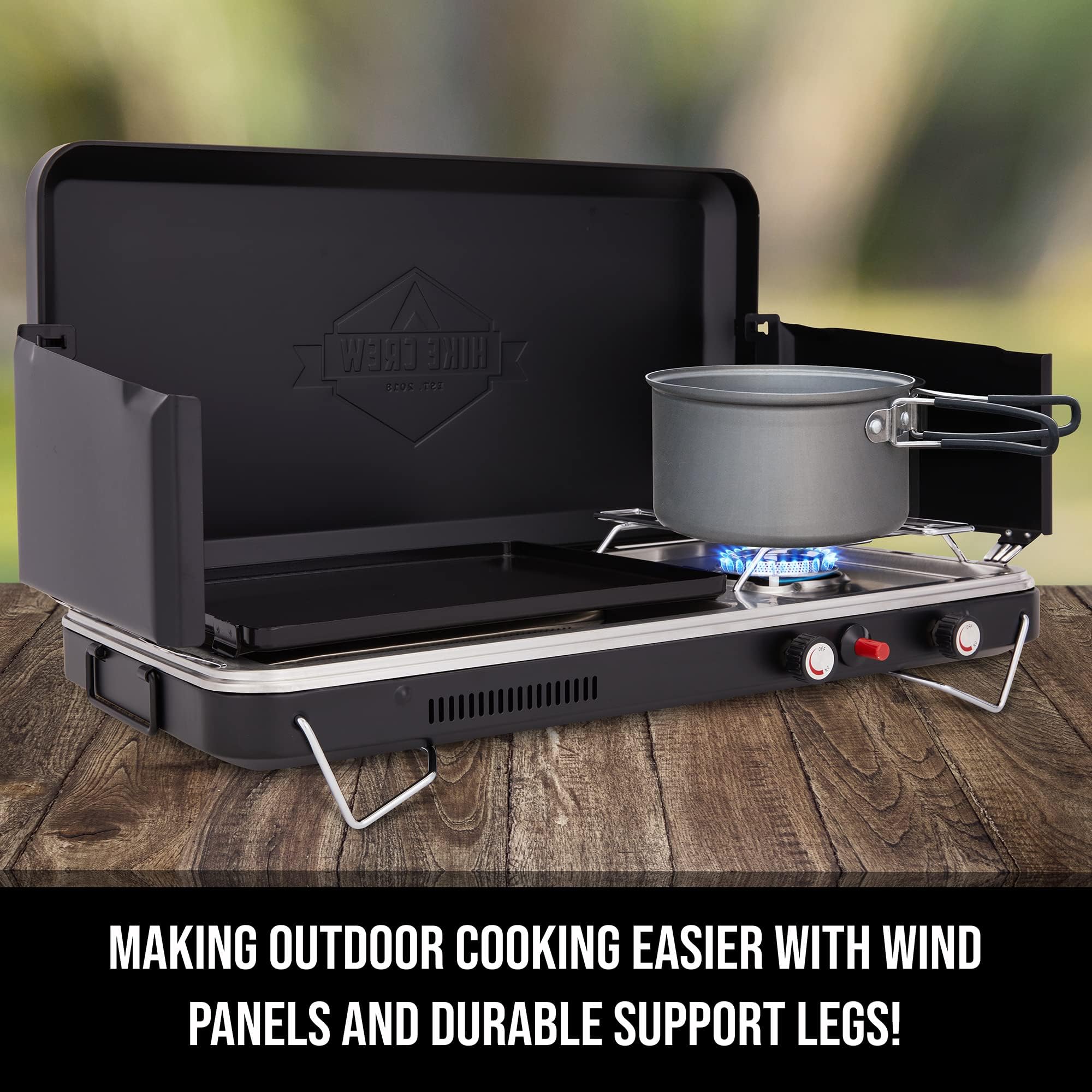 Hike Crew 2-in-1 Portable Gas Camping Stove with Griddle - Propane Burner with Integrated Igniter & Stainless Steel Drip Tray | Built-in Carrying Handle, Foldable Legs & Wind Panels | Includes Regulator | Perfect for Outdoor Cooking, Camping, Backpacking & Picnics