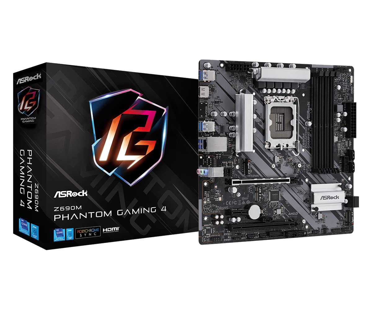 ASROCK Z690M Phantom Gaming 4 LGA1700 Motherboard - Supports 12th Gen Intel Core Processors, DDR4, PCIe 4.0 - Perfect for Gaming PCs, Workstations & Content Creation
