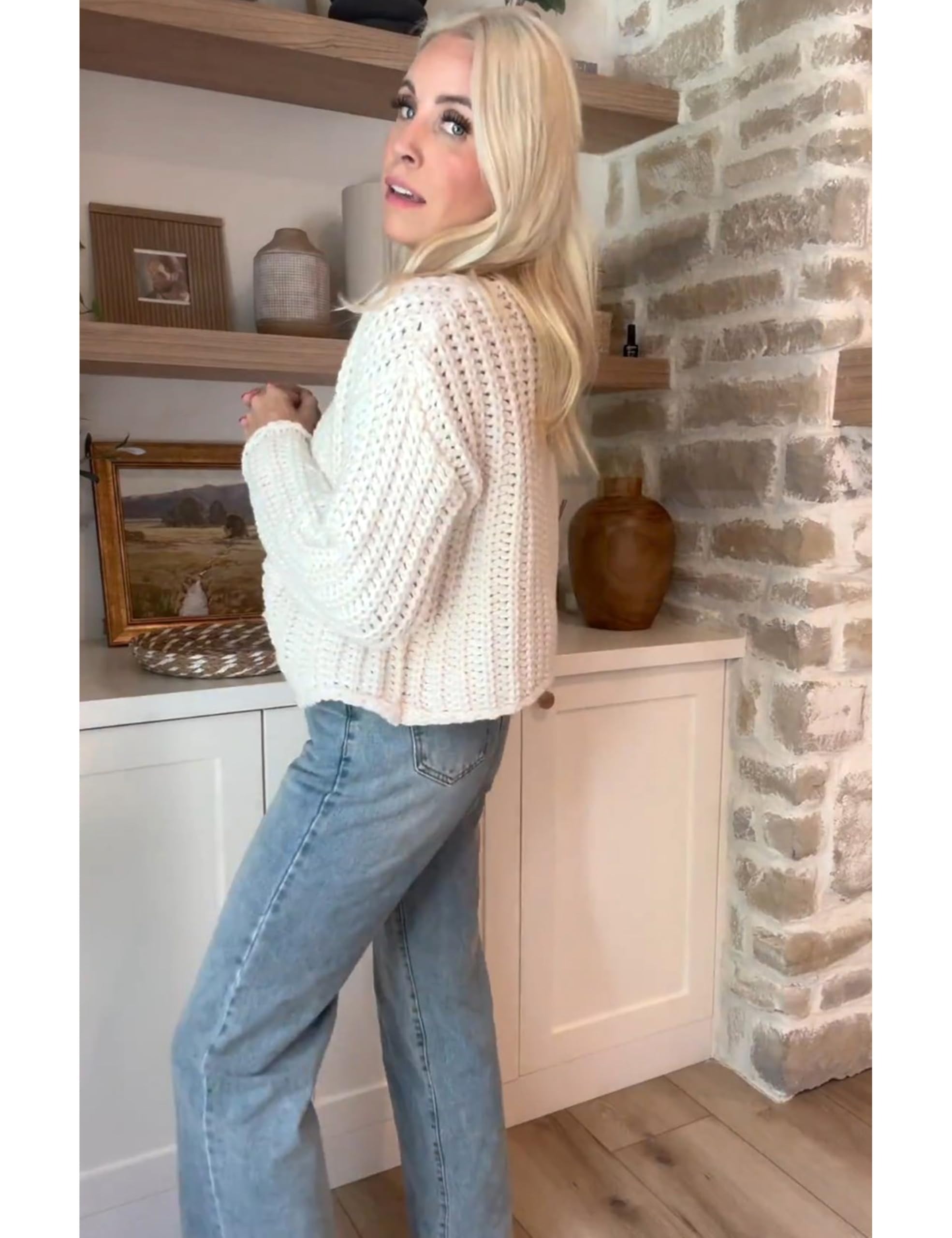 Women's Chunky Knit Cardigan with Gold Buttons - Long Sleeve Cropped Crochet Sweater for Fall | Cozy Layering for Autumn Outfits & Casual Office Wear
