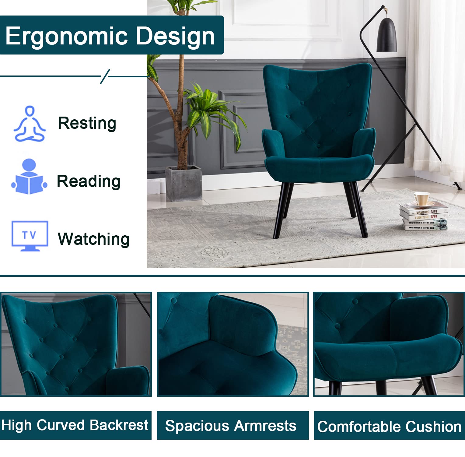 Baysitone Modern Velvet Accent Chair - High Back Comfortable Lounge Chair for Living Room, Bedroom & Office - Upholstered Compact Leisure Side Chair in Teal Blue - Perfect for Reading Nook, Small Spaces & Home Decor