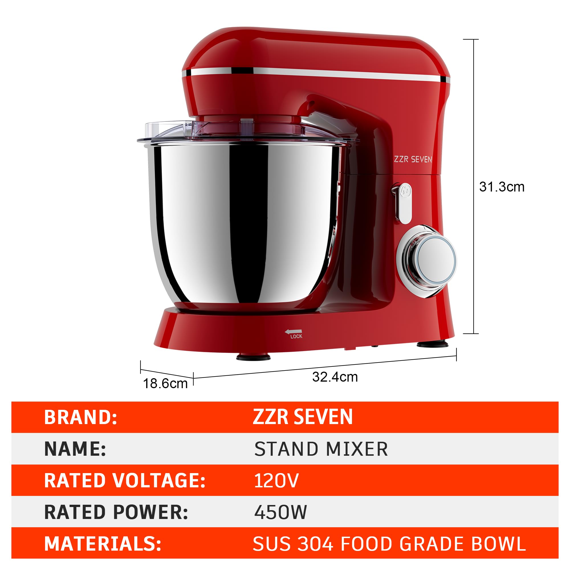 450W Stand Mixer with 5.5QT Stainless Steel Bowl - Professional Kitchen Mixer for Dough, Cake & Baking | Includes Beater, Dough Hook & Egg Whisk | Perfect for Home Bakers & Small Bakeries (Red)