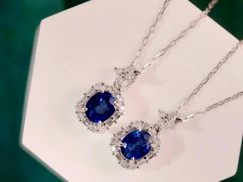18K White Gold Blue Sapphire and Diamond Pendant Necklace for Women - Elegant Square Shape Jewelry Gift for Anniversary, Birthday & Special Occasions